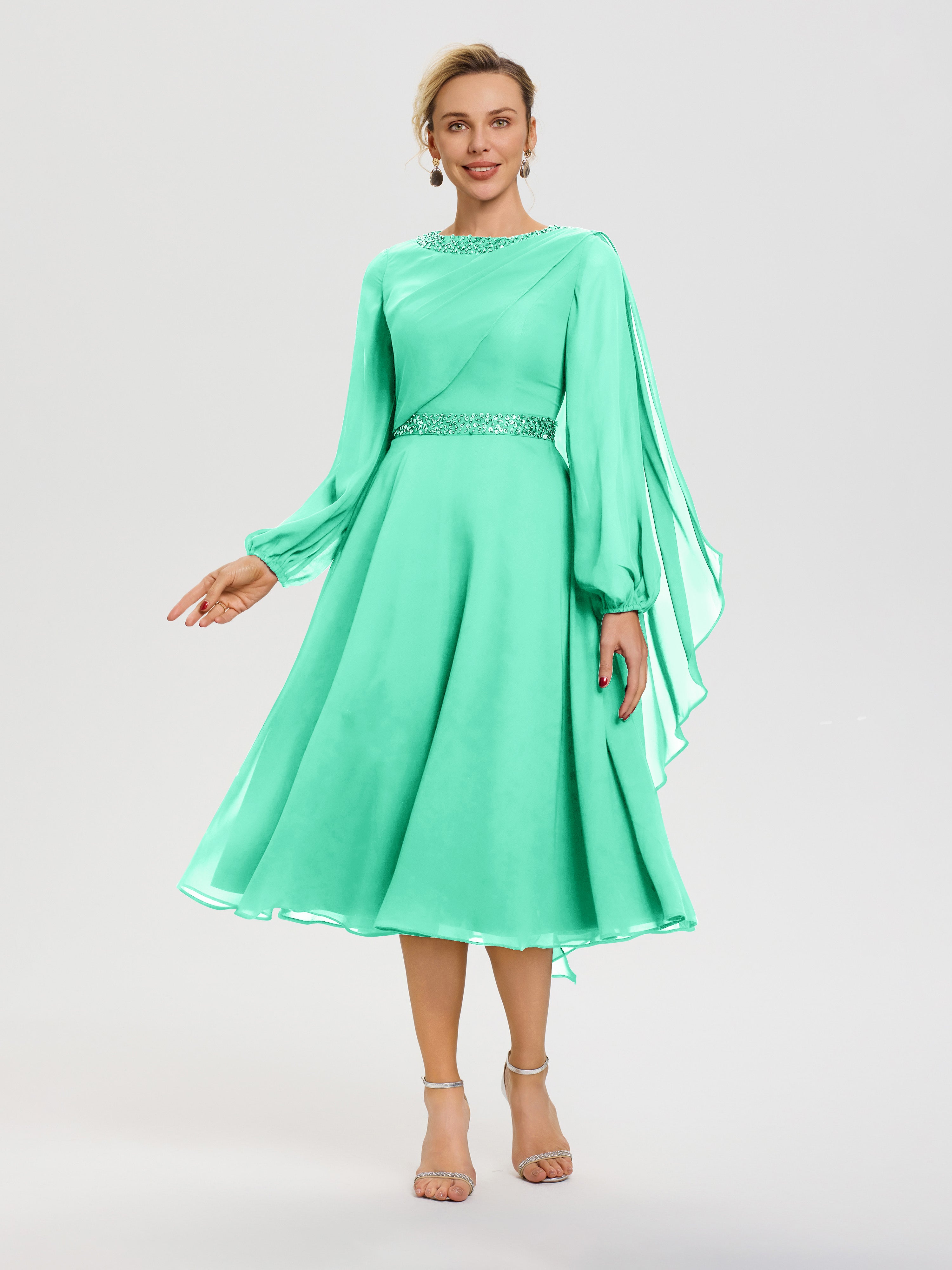Robe De Mère De Mariée Moderne Turquoise Col Rond Manches Longues Mousseline Robe De Mère Du Marié