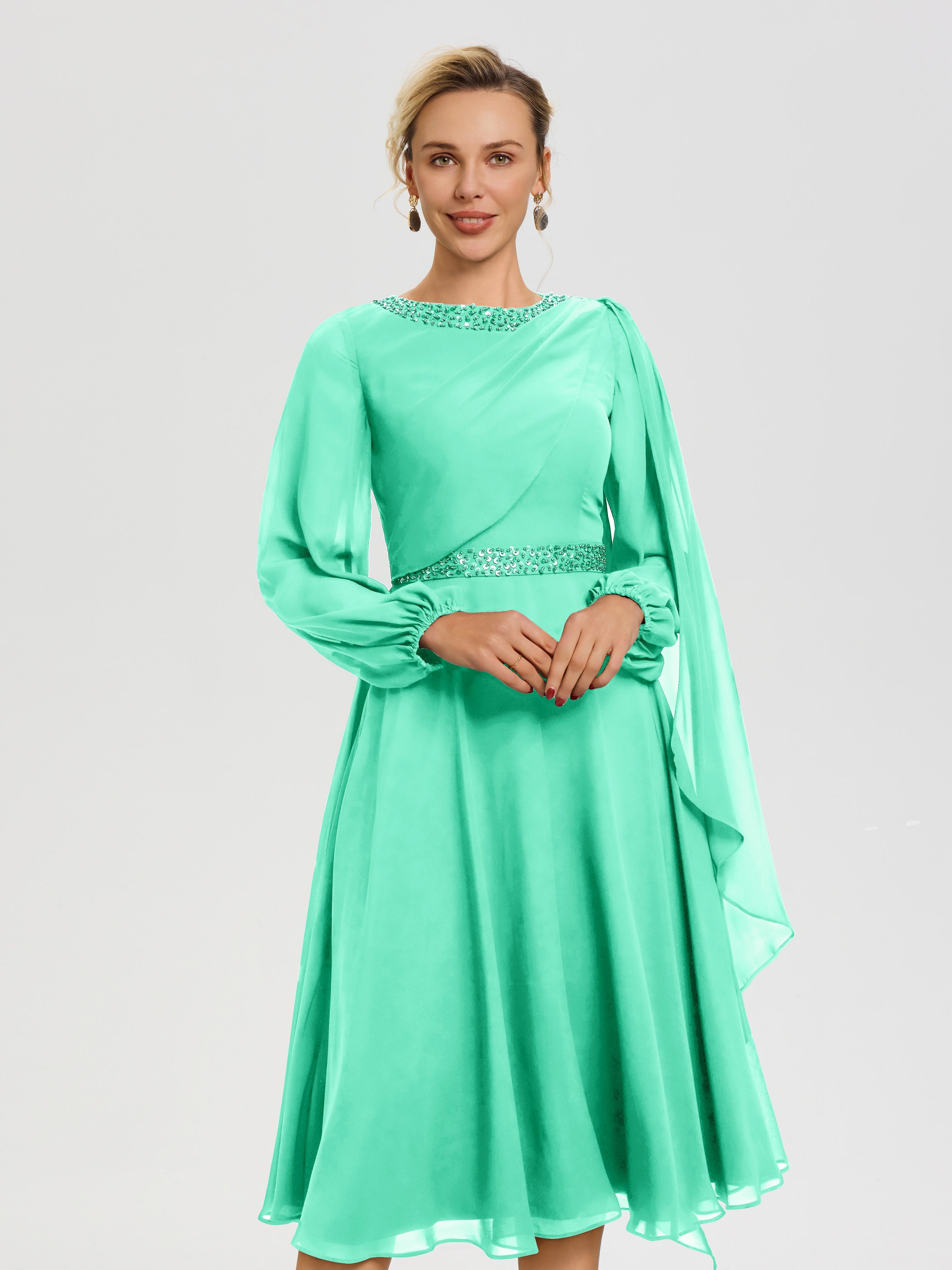 Robe De Mère De Mariée Moderne Turquoise Col Rond Manches Longues Mousseline Robe De Mère Du Marié