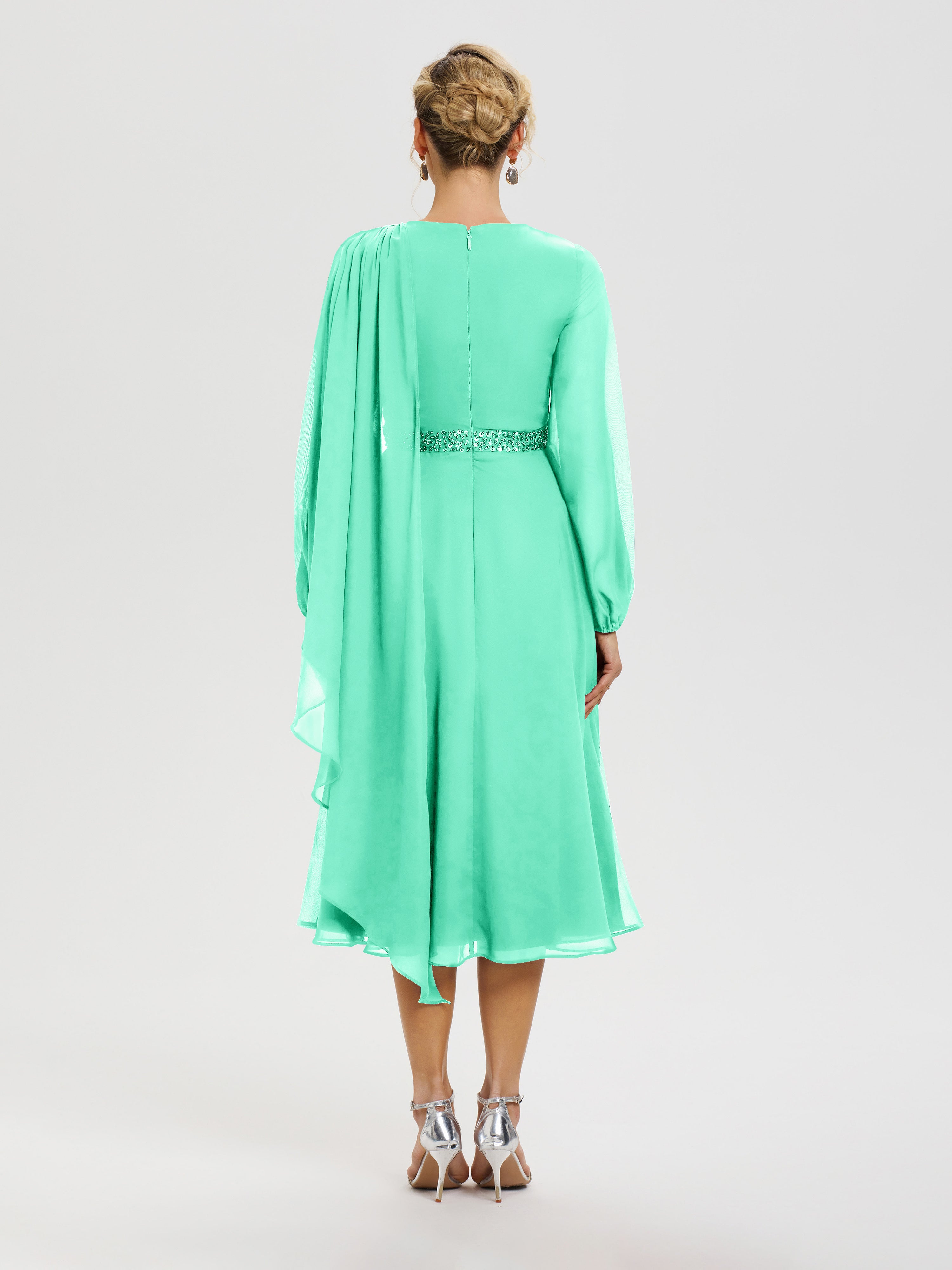 Robe De Mère De Mariée Moderne Turquoise Col Rond Manches Longues Mousseline Robe De Mère Du Marié