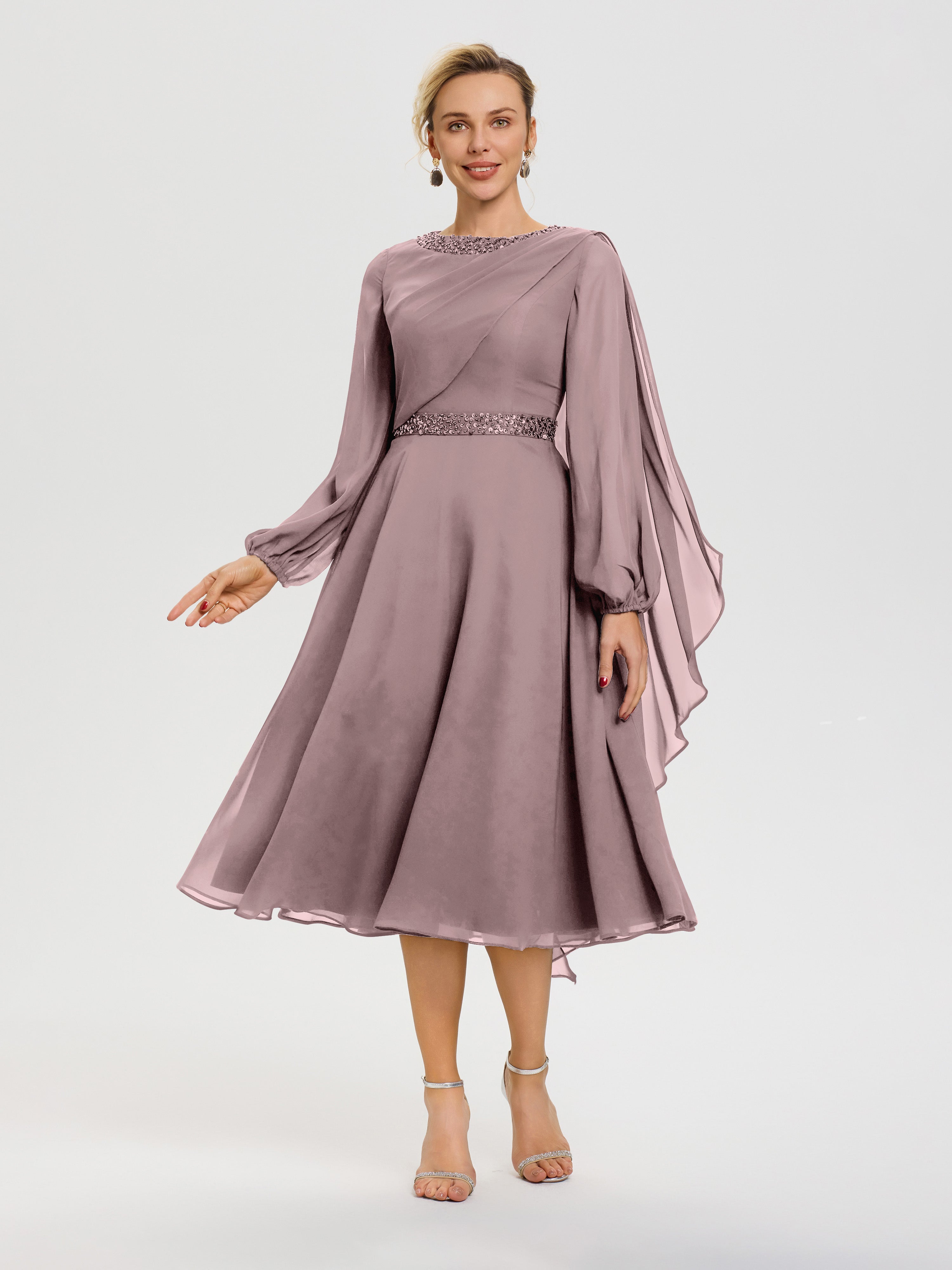 Robe De Mère De Mariée Moderne Vintage Mauve Col Rond Manches Longues Mousseline Robe De Mère Du Marié