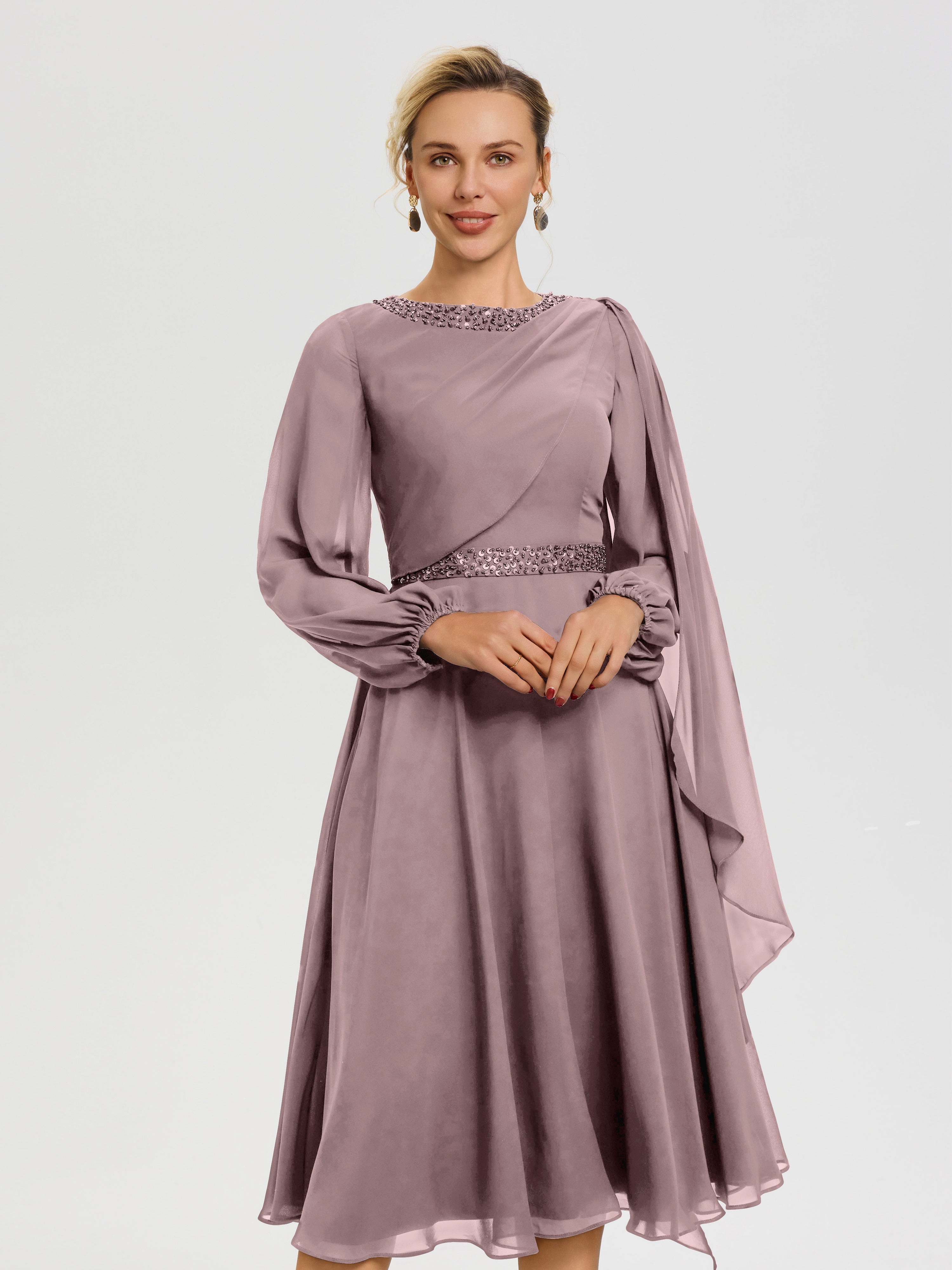 Robe De Mère De Mariée Moderne Vintage Mauve Col Rond Manches Longues Mousseline Robe De Mère Du Marié