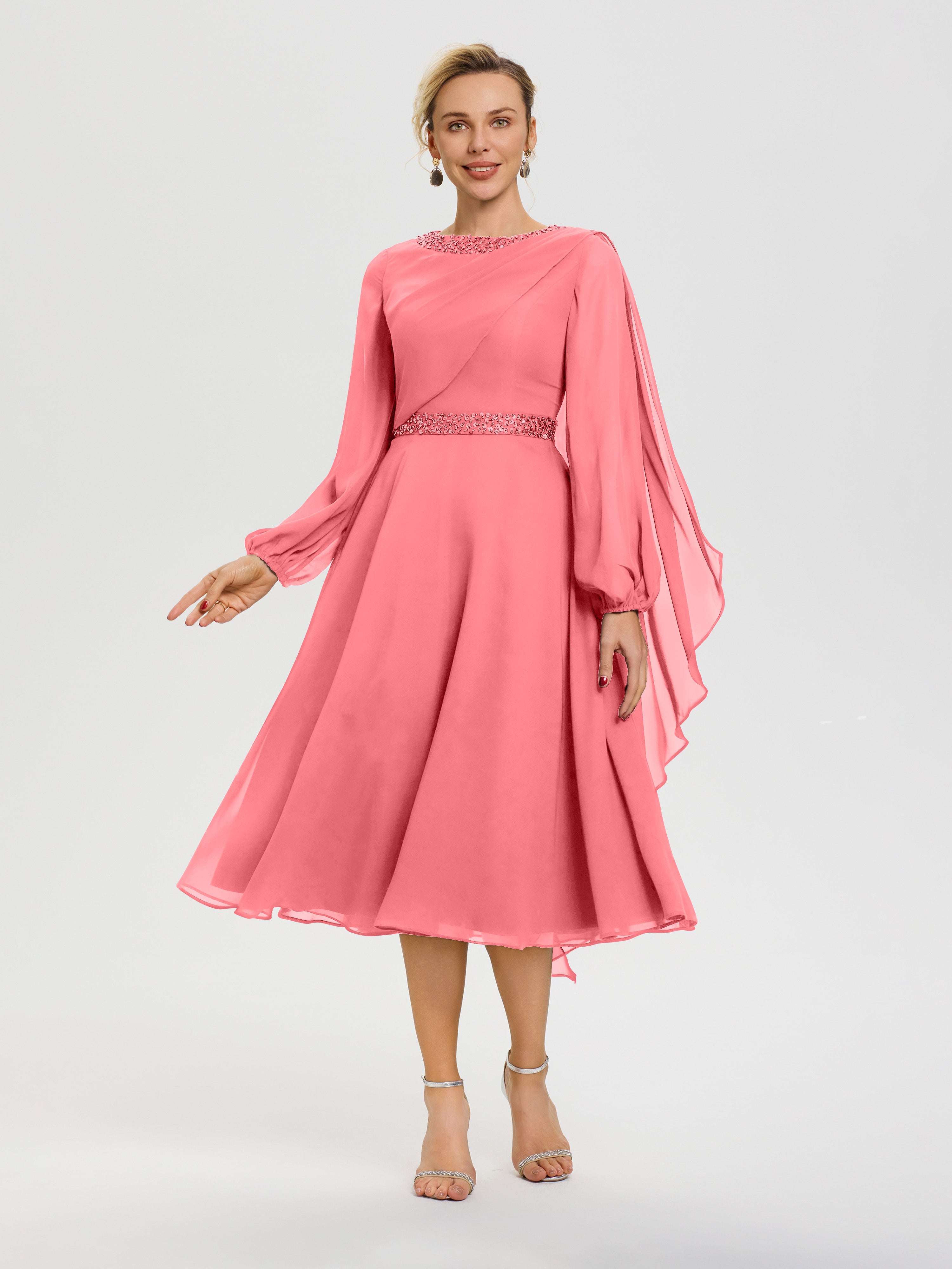 Robe De Cérémonie Mère De La Mariée Pastèque Col Rond Manches Longues Mousseline Robe De Mère Du Marié