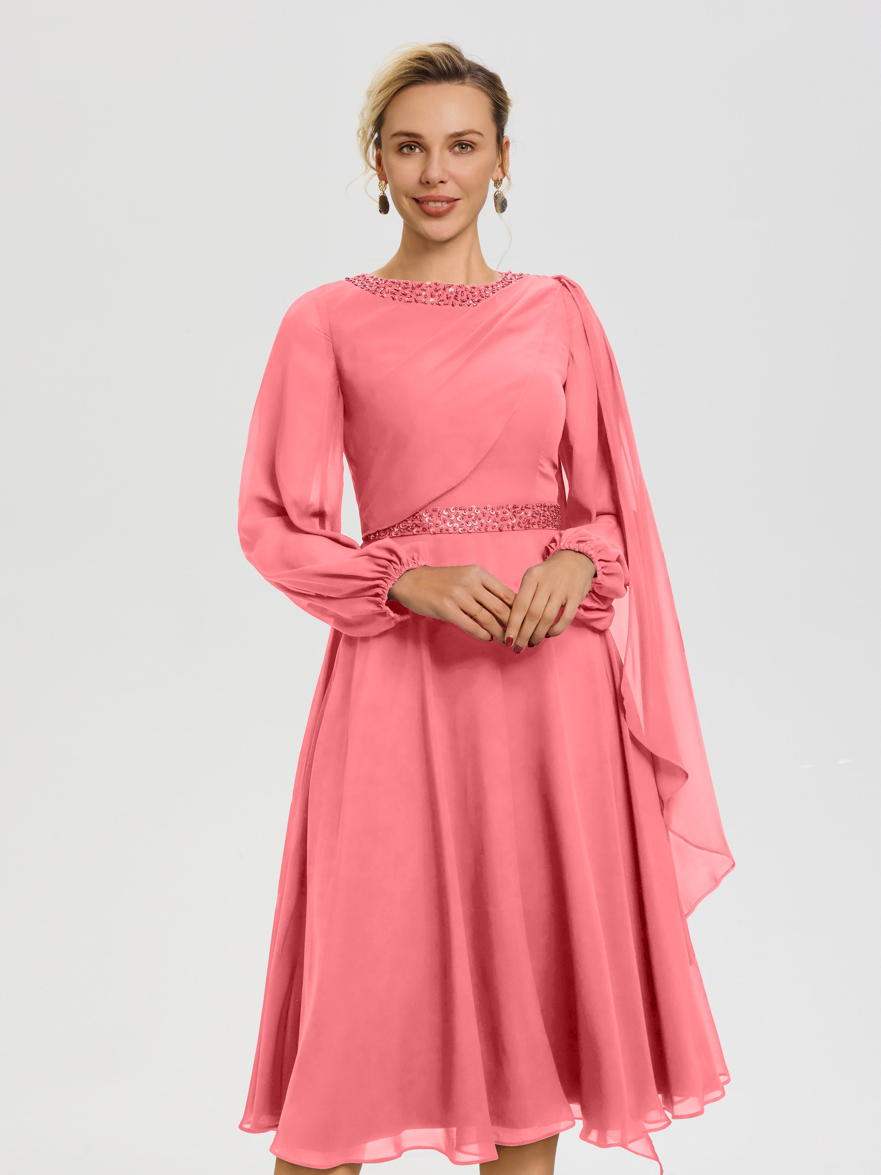 Robe De Cérémonie Mère De La Mariée Pastèque Col Rond Manches Longues Mousseline Robe De Mère Du Marié