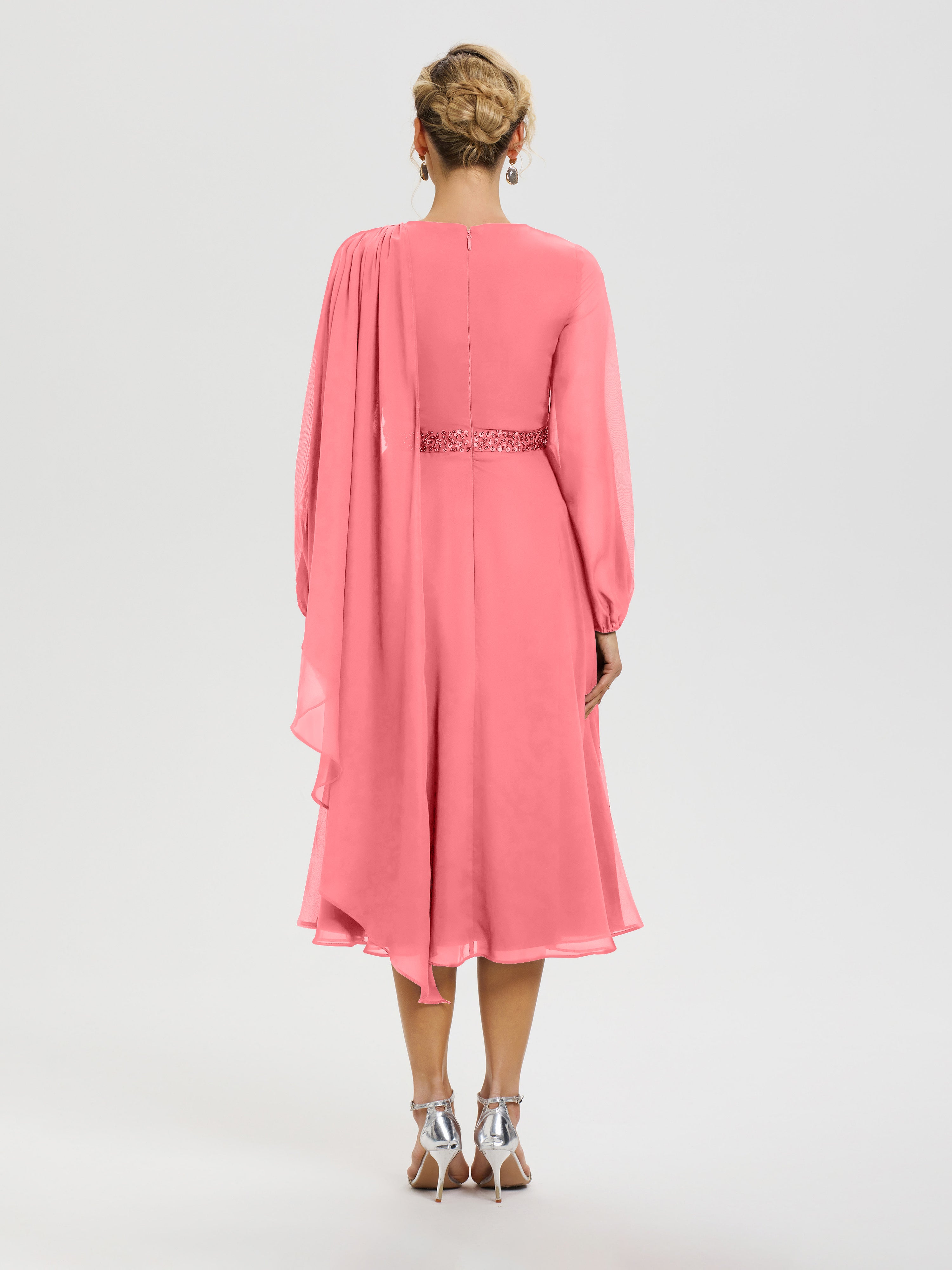 Robe De Cérémonie Mère De La Mariée Pastèque Col Rond Manches Longues Mousseline Robe De Mère Du Marié