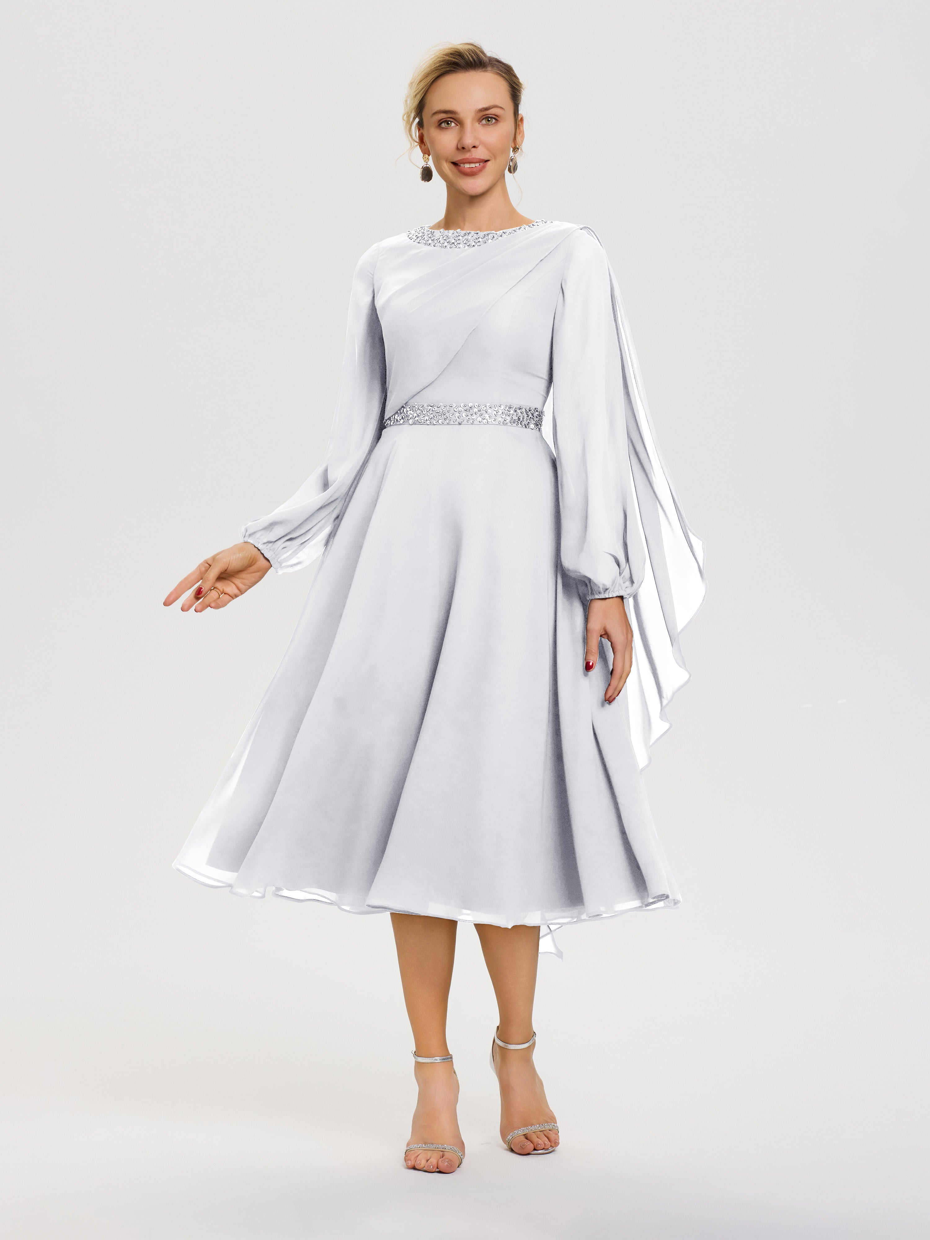 Cicinia Robe Mère De La Mariée Blanc Col Rond Manches Longues Mousseline Robe De Mère Du Marié