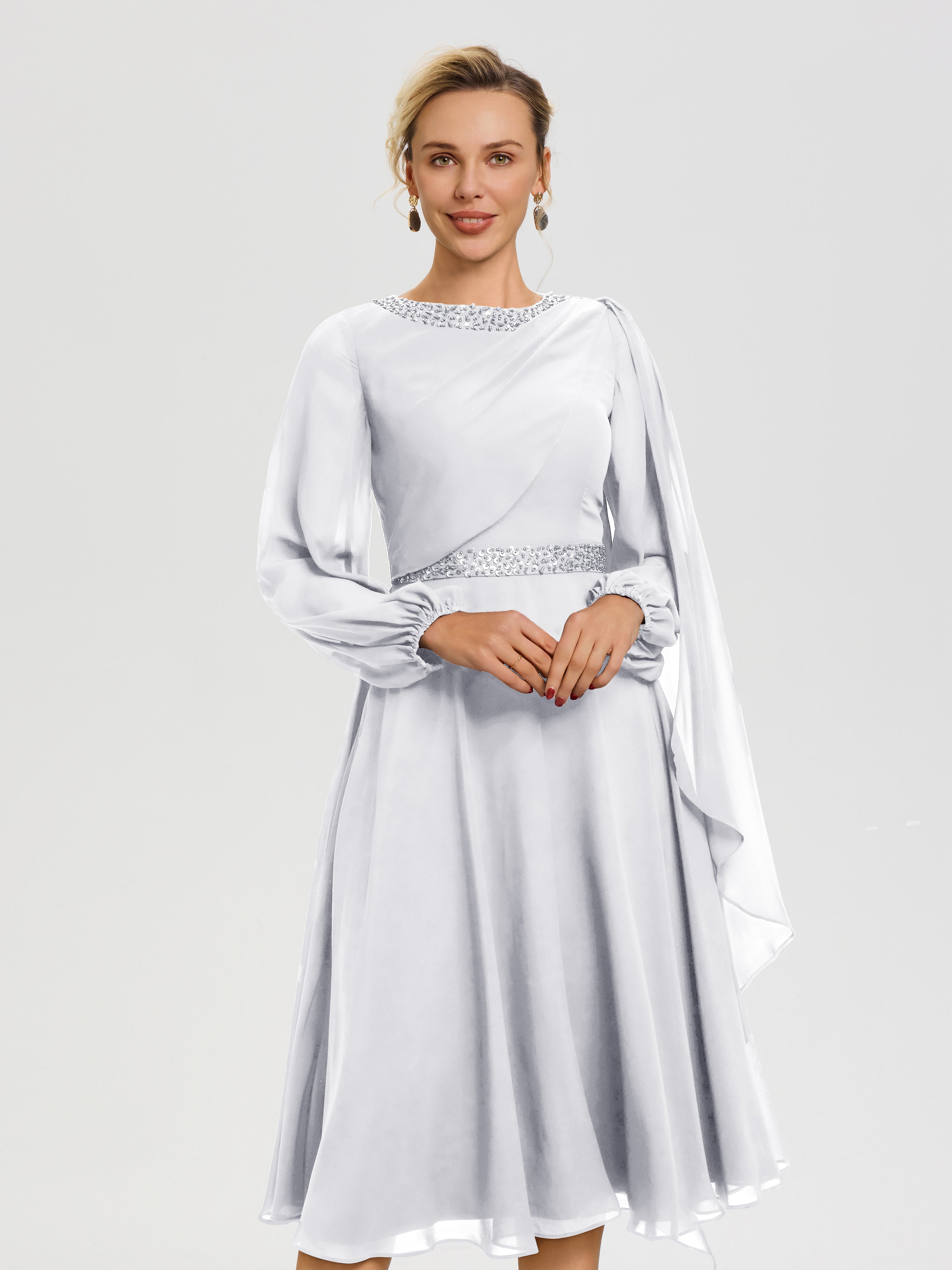 Cicinia Robe Mère De La Mariée Blanc Col Rond Manches Longues Mousseline Robe De Mère Du Marié