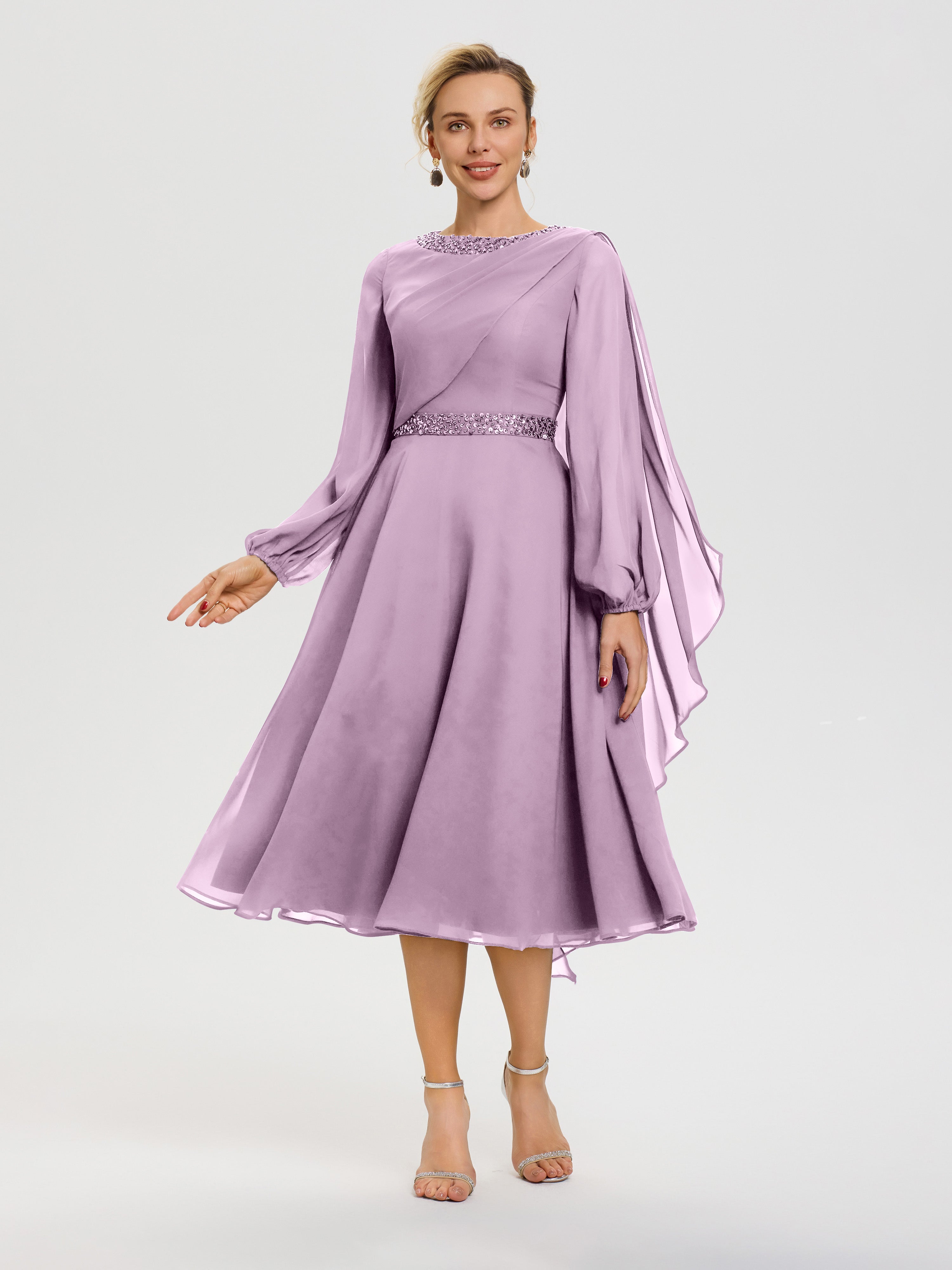 Robe Pour Mère De La Mariée Glycine Col Rond Manches Longues Mousseline Robe De Mère Du Marié