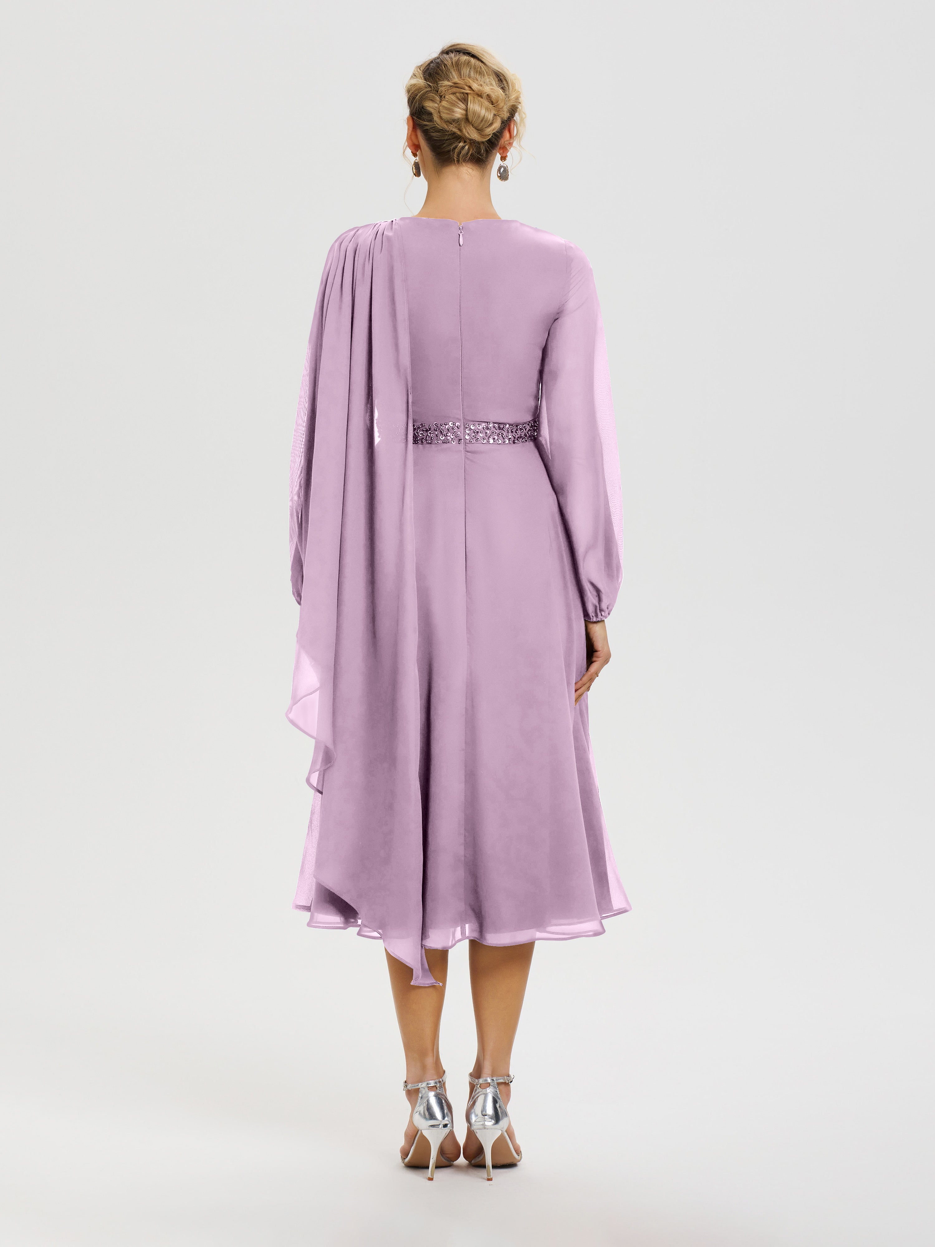 Robe Pour Mère De La Mariée Glycine Col Rond Manches Longues Mousseline Robe De Mère Du Marié