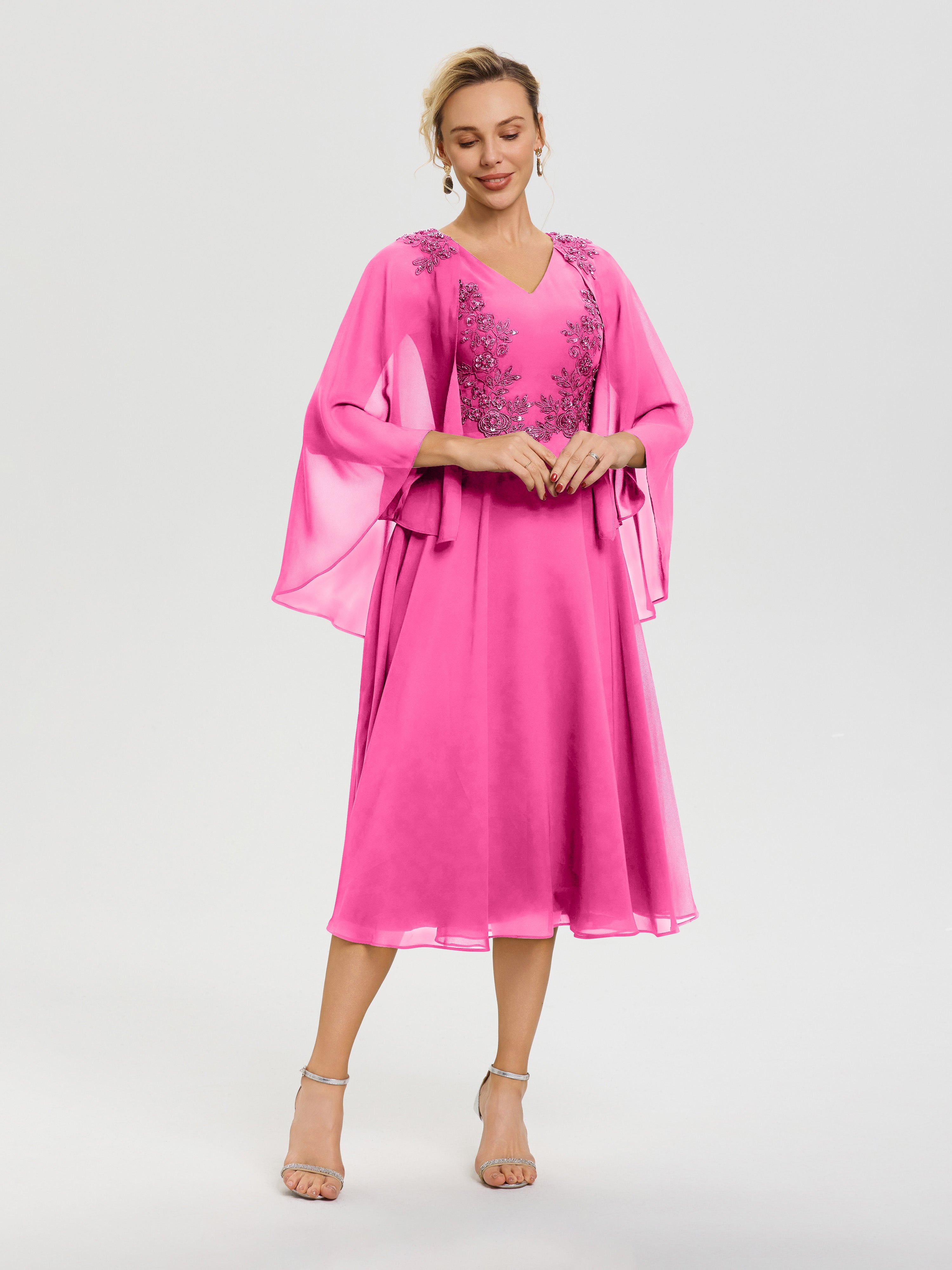Cicinia Robe Mère De La Mariée Azalée 3/4 Manches Col V Mousseline & Dentelle Robe Mère De Mariée
