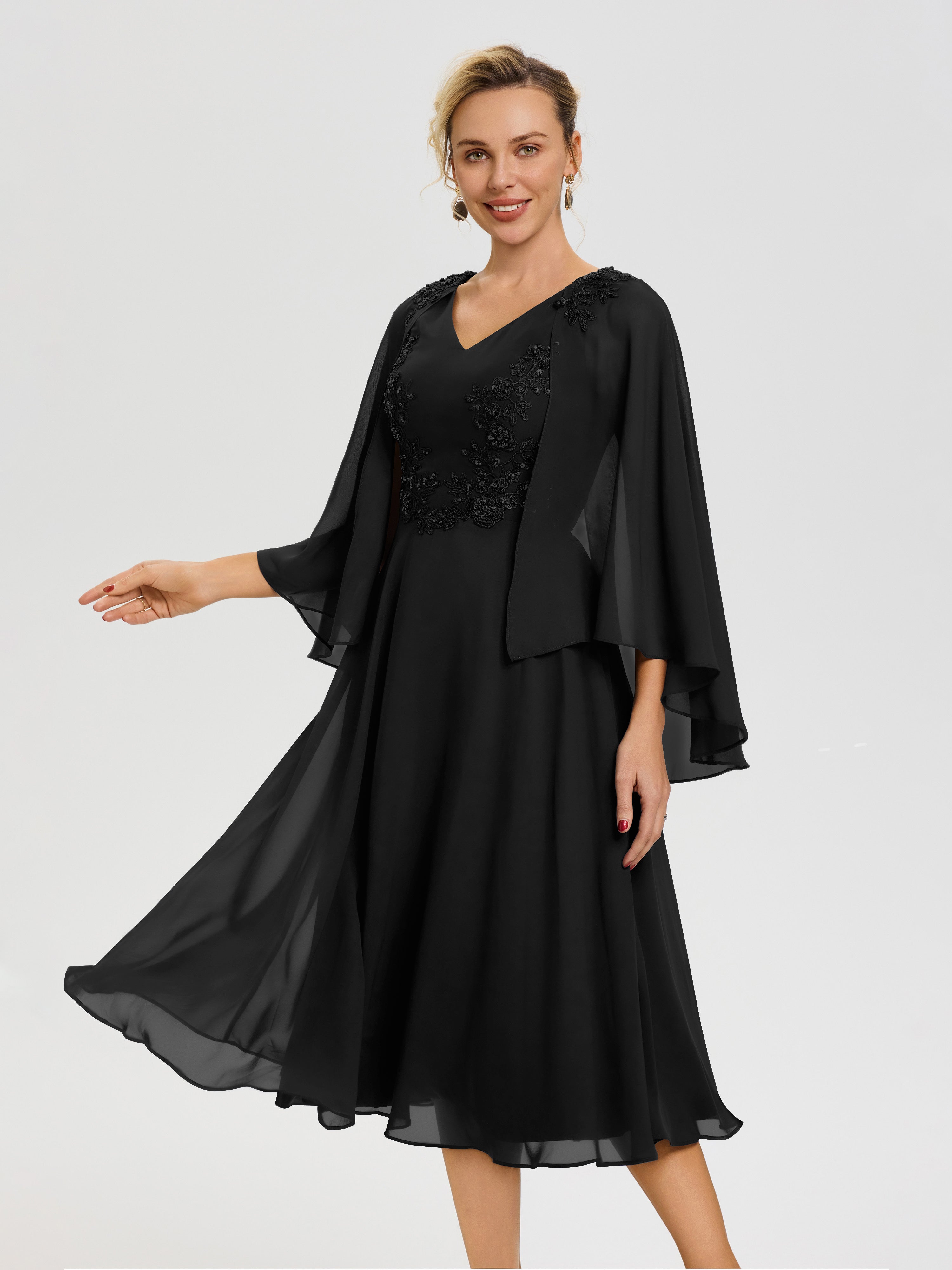 Robe Mère De Mariée Noir 3/4 Manches Col V Mousseline & Dentelle Robe Mère De Mariée