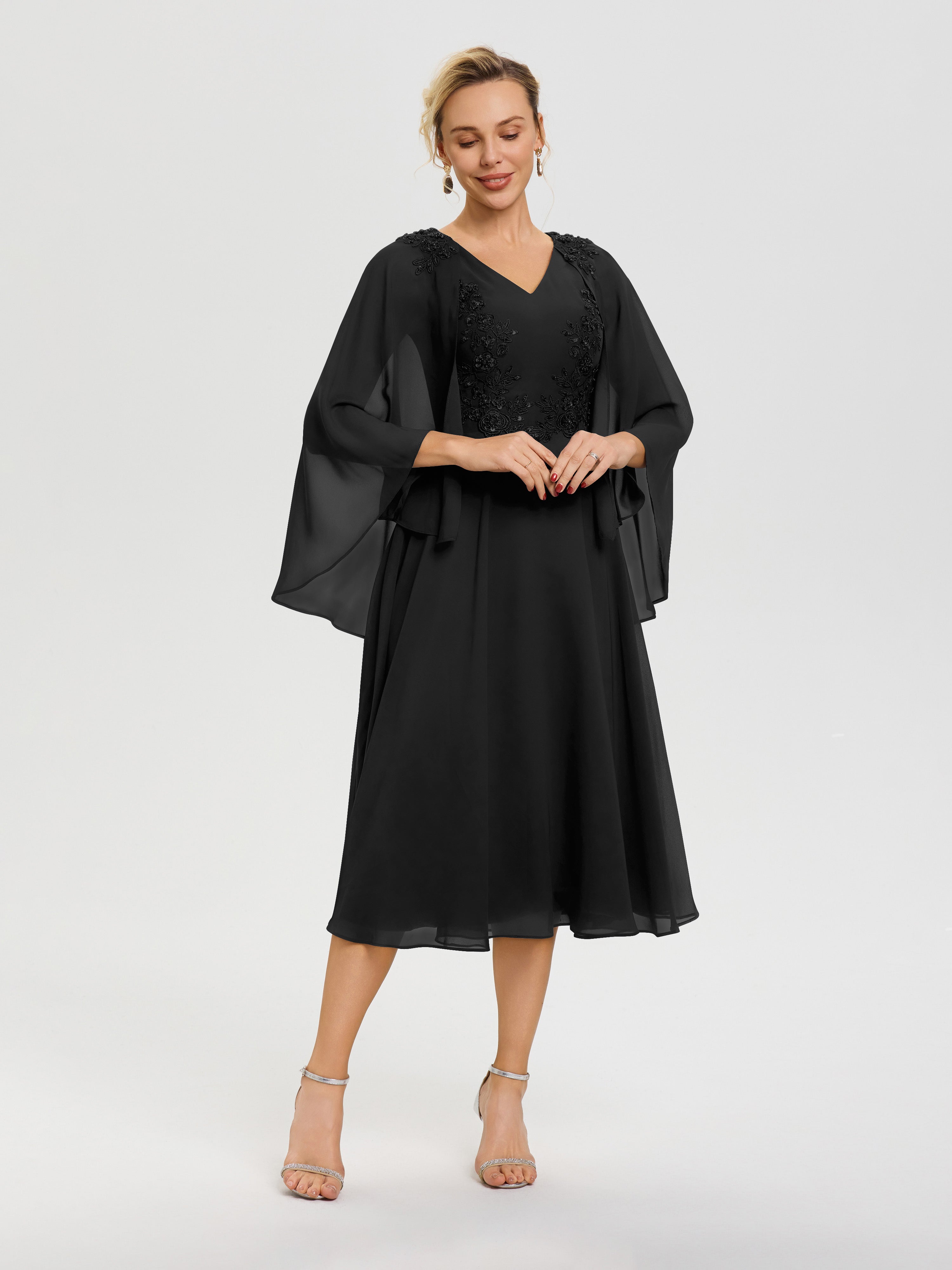 Robe Mère De Mariée Noir 3/4 Manches Col V Mousseline & Dentelle Robe Mère De Mariée