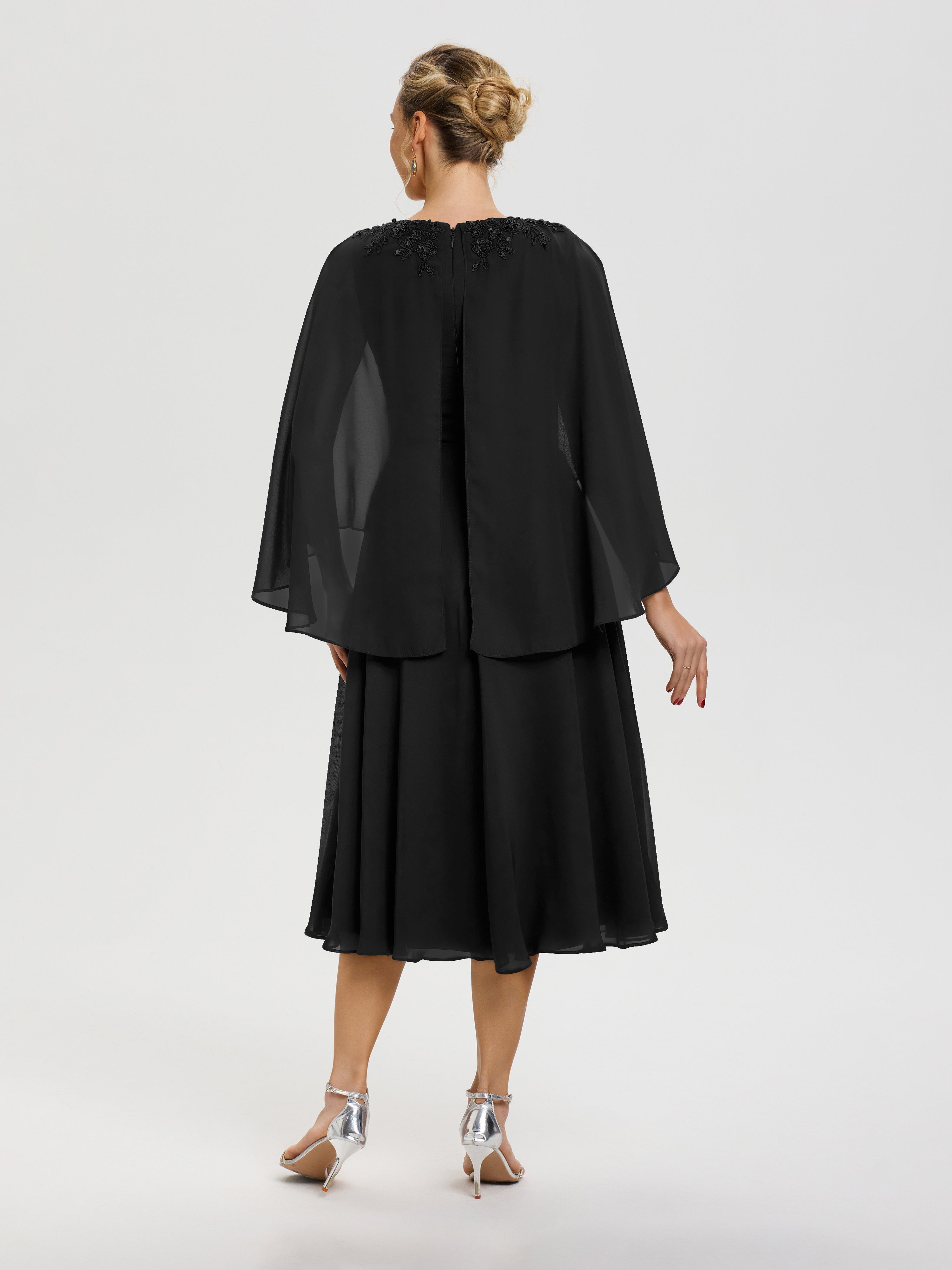 Robe Mère De Mariée Noir 3/4 Manches Col V Mousseline & Dentelle Robe Mère De Mariée