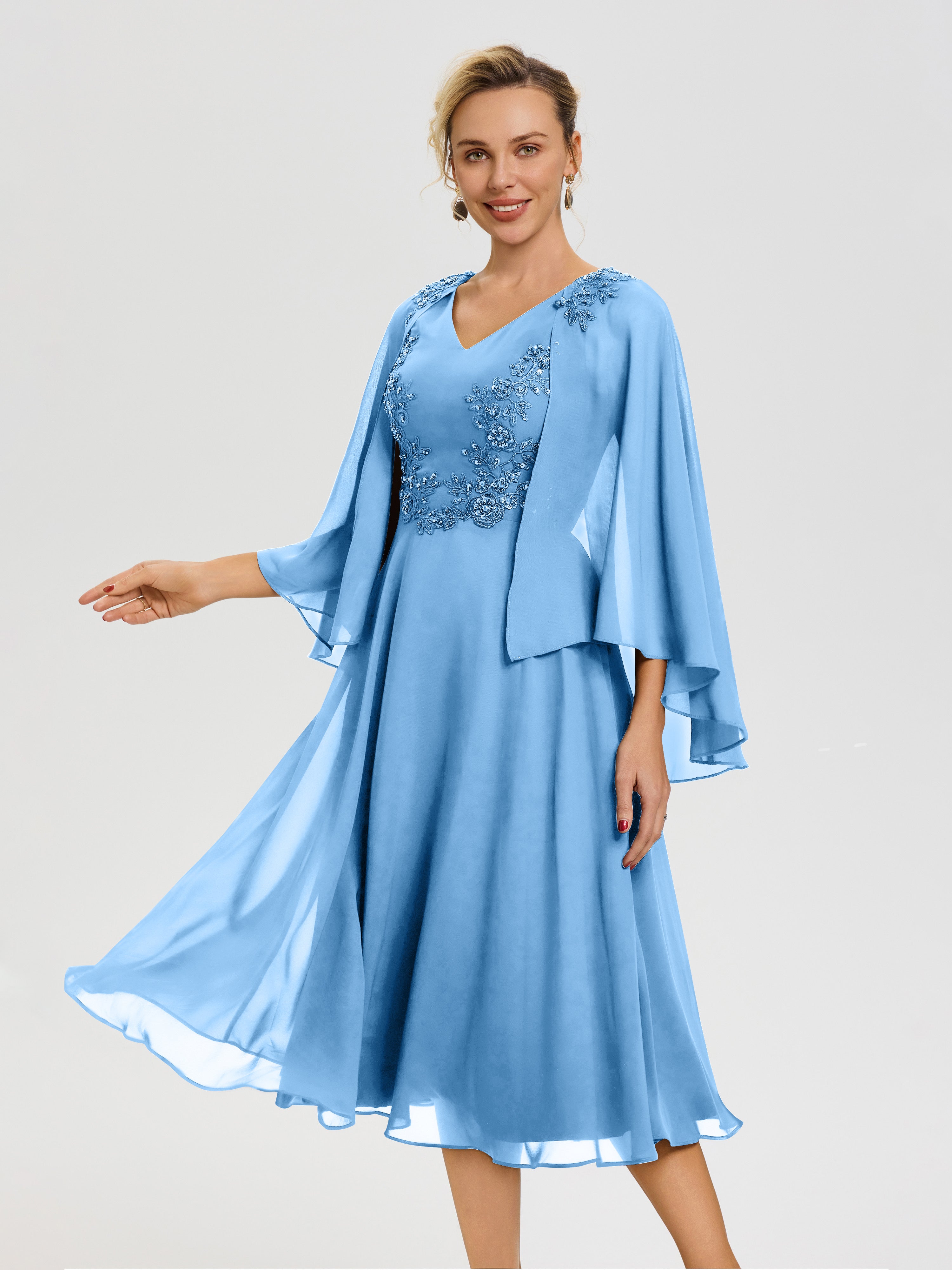 Robe Mère Du Marié Bleu 3/4 Manches Col V Mousseline & Dentelle Robe Mère De Mariée