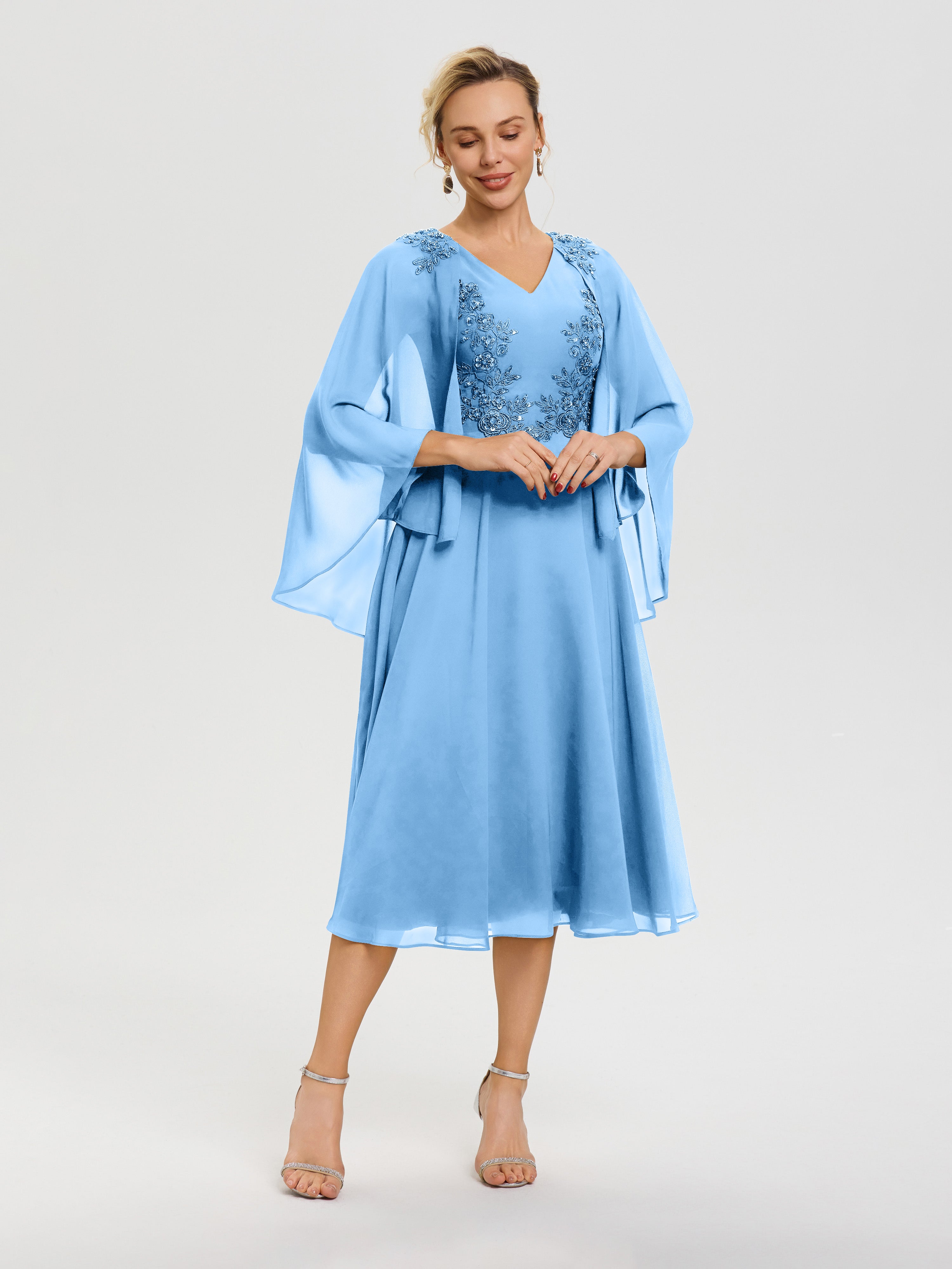 Robe Mère Du Marié Bleu 3/4 Manches Col V Mousseline & Dentelle Robe Mère De Mariée