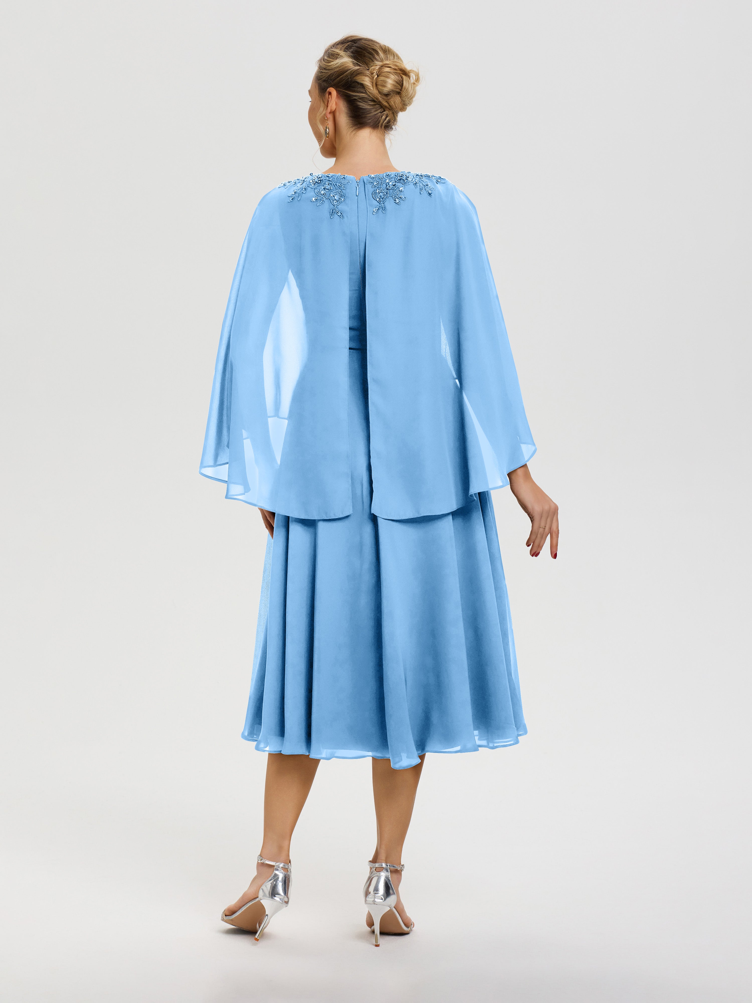 Robe Mère Du Marié Bleu 3/4 Manches Col V Mousseline & Dentelle Robe Mère De Mariée