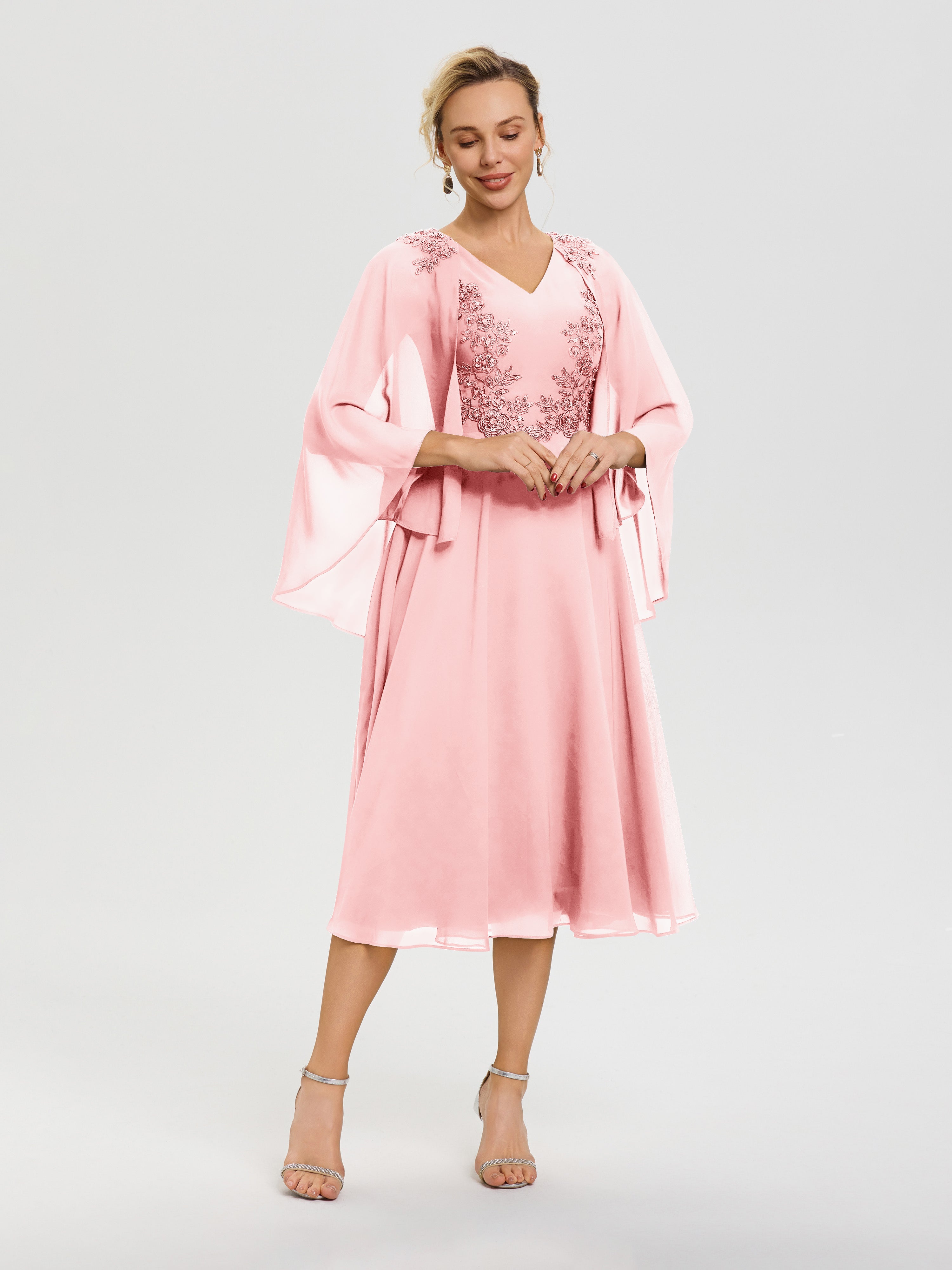 Robe Mere De La Mariee Rose 3/4 Manches Col V Mousseline & Dentelle Robe Mère De Mariée