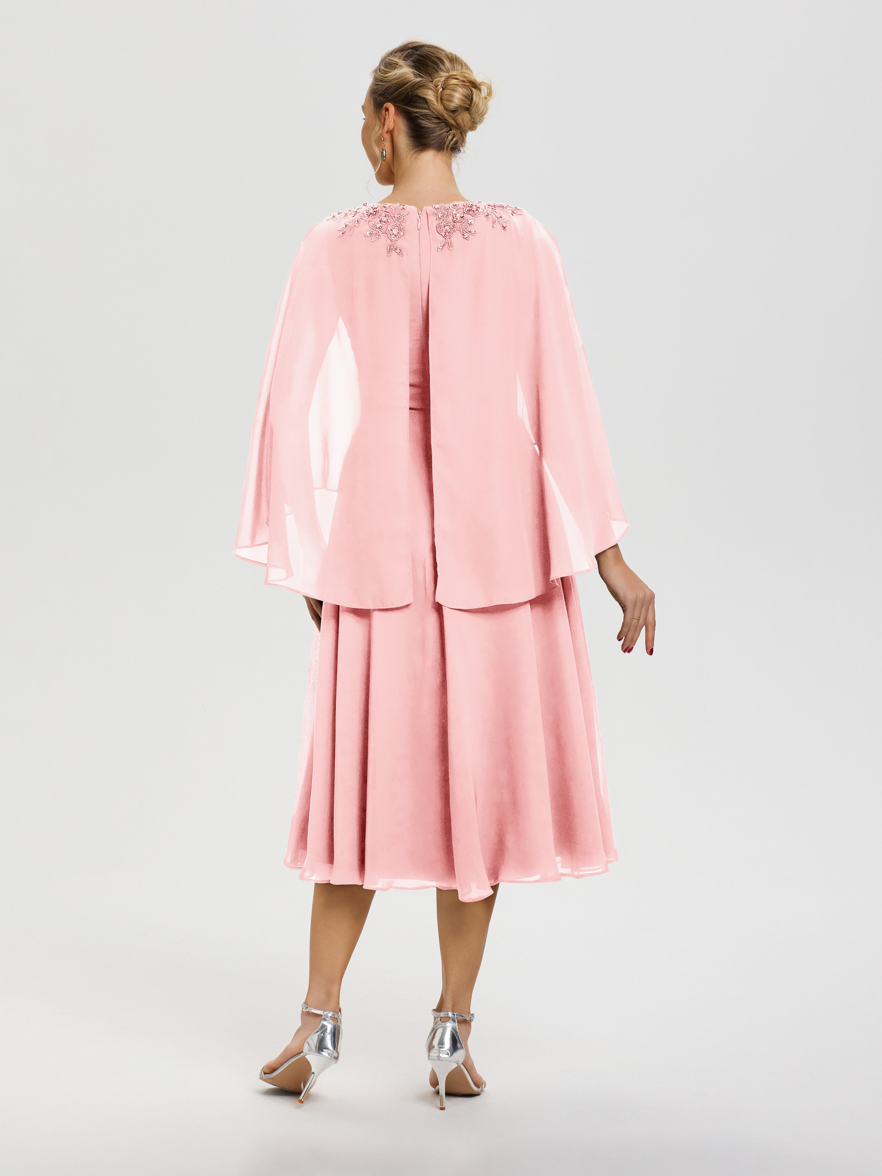 Robe Mere De La Mariee Rose 3/4 Manches Col V Mousseline & Dentelle Robe Mère De Mariée
