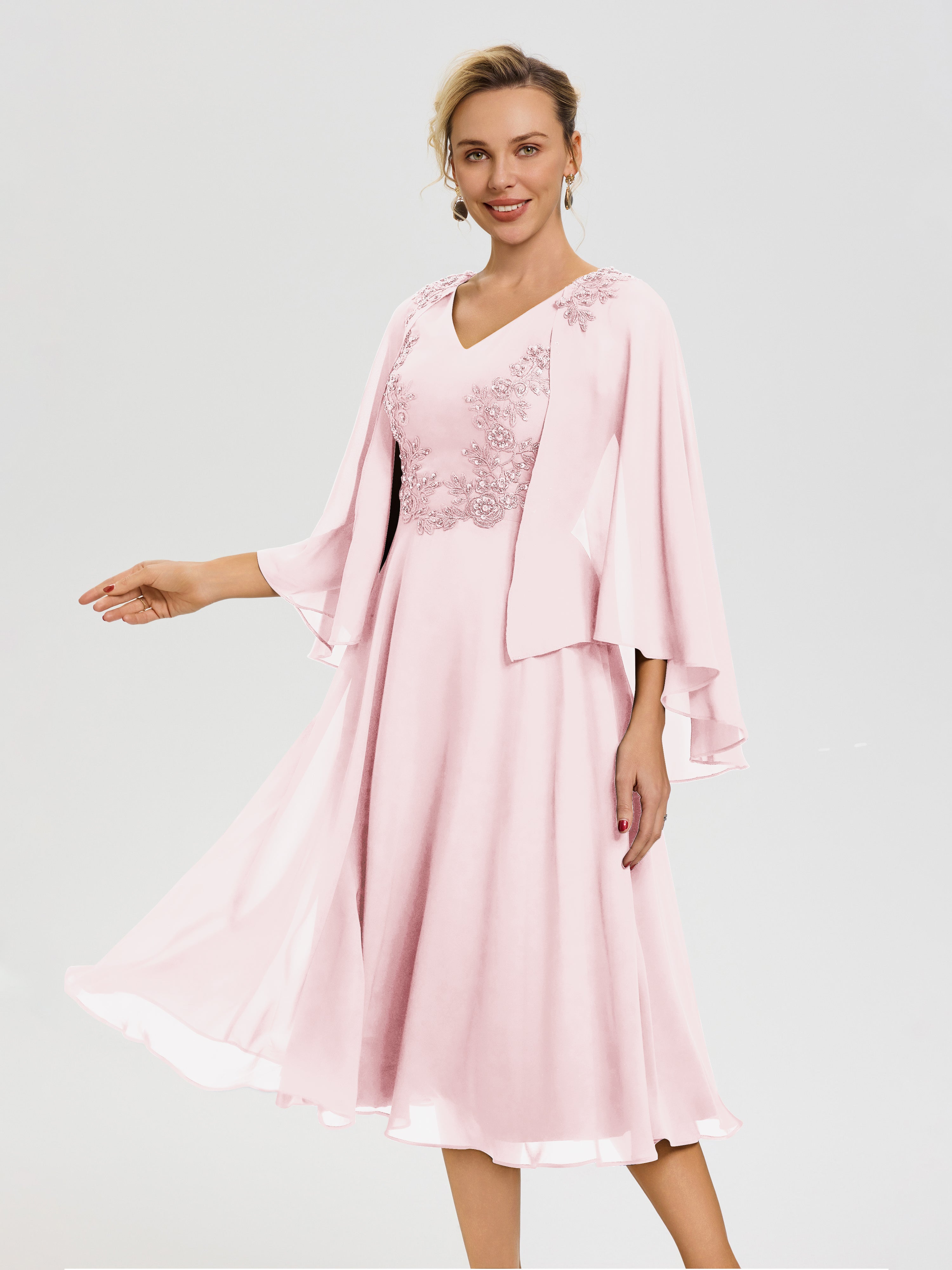 Robe De Cérémonie Mère Du Marié Rose Pâle 3/4 Manches Col V Mousseline & Dentelle Robe Mère De Mariée