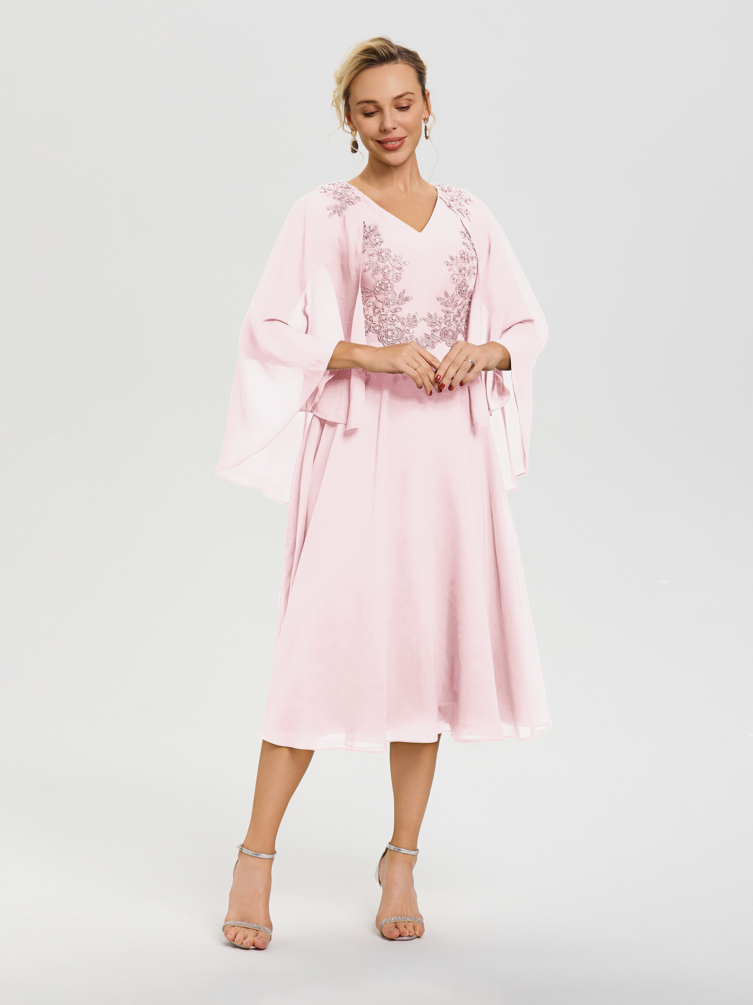 Robe De Cérémonie Mère Du Marié Rose Pâle 3/4 Manches Col V Mousseline & Dentelle Robe Mère De Mariée