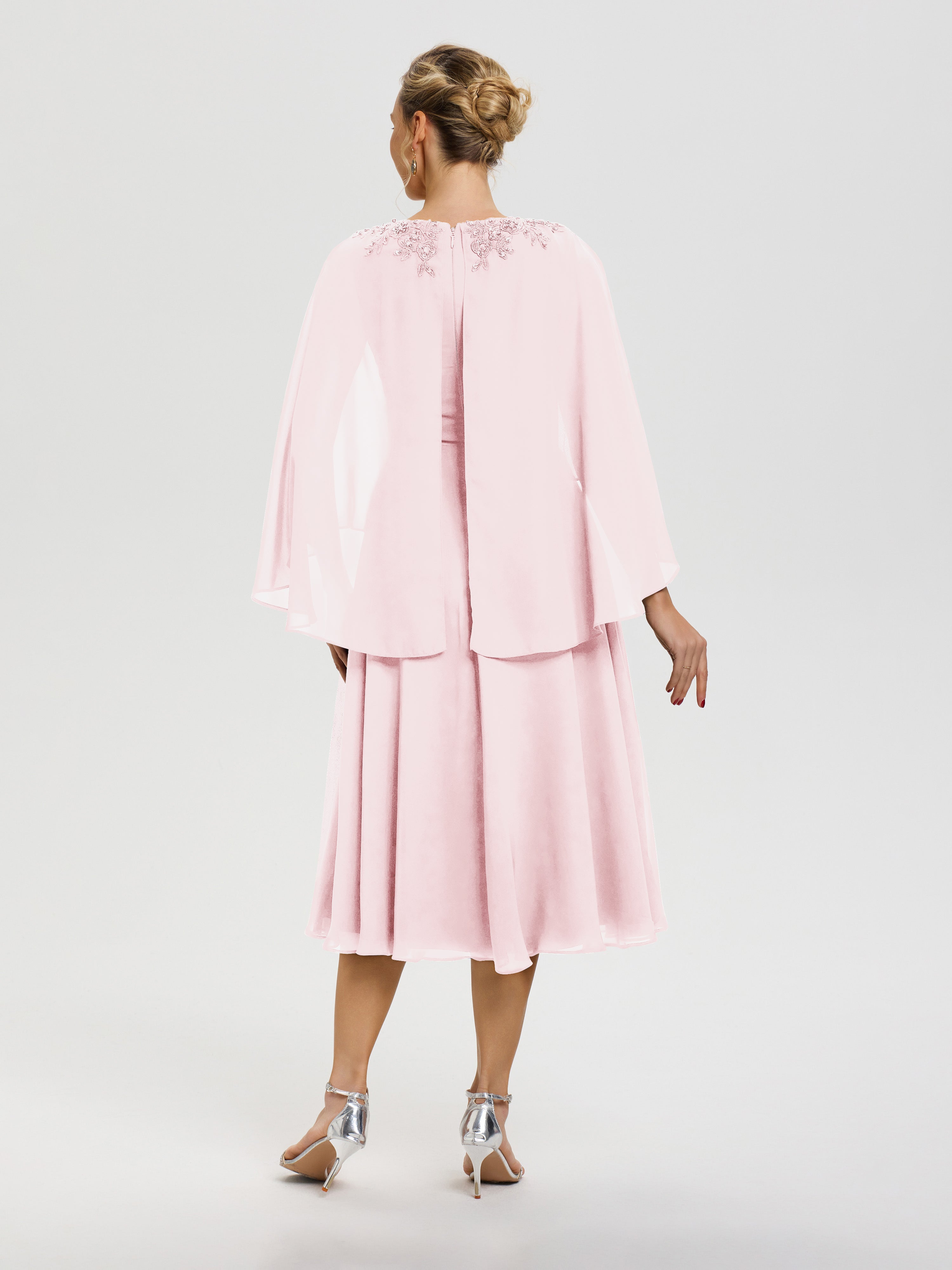 Robe De Cérémonie Mère Du Marié Rose Pâle 3/4 Manches Col V Mousseline & Dentelle Robe Mère De Mariée