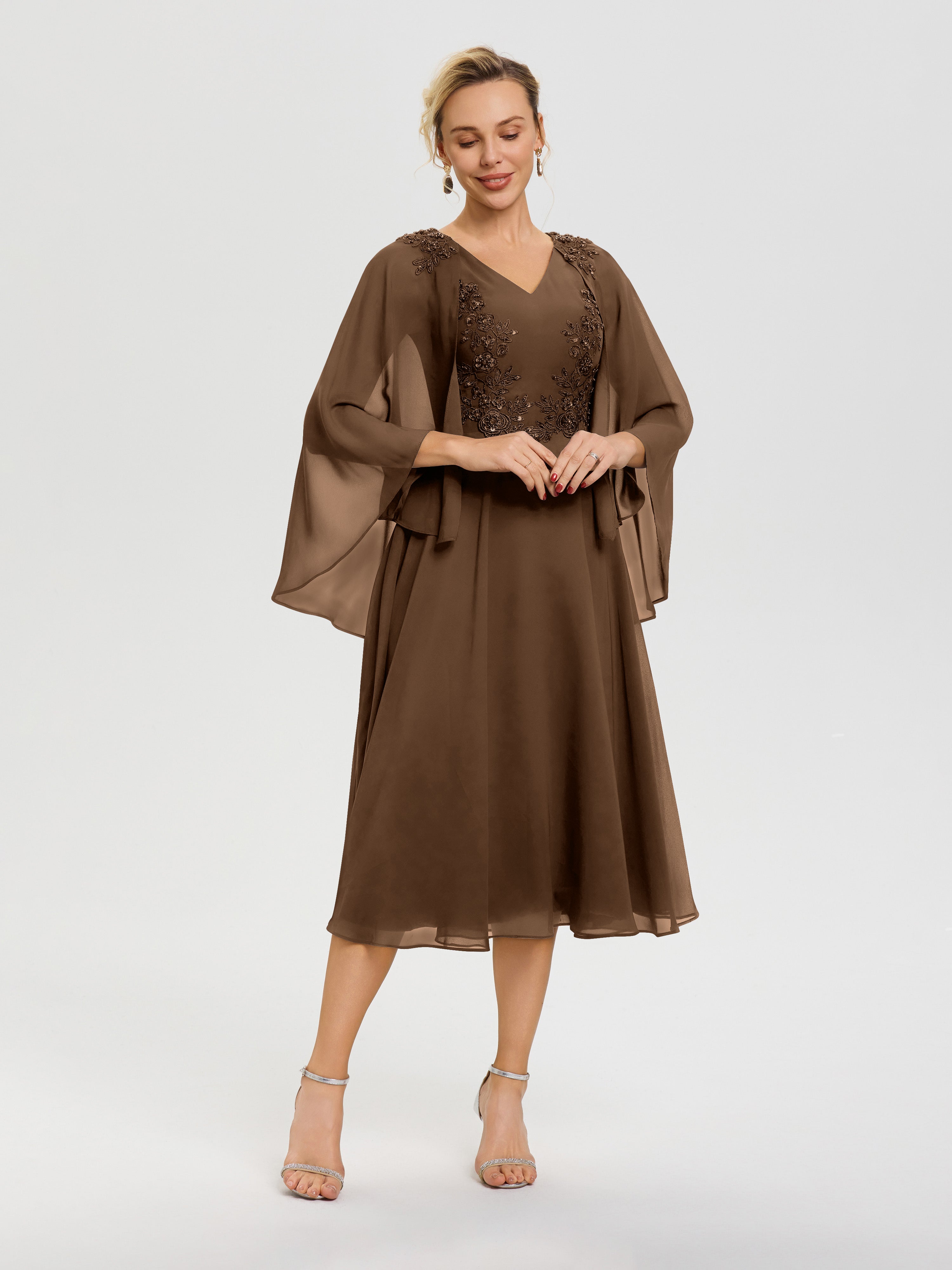 Cicinia Robe Mère De La Mariée Brun 3/4 Manches Col V Mousseline & Dentelle Robe Mère De Mariée