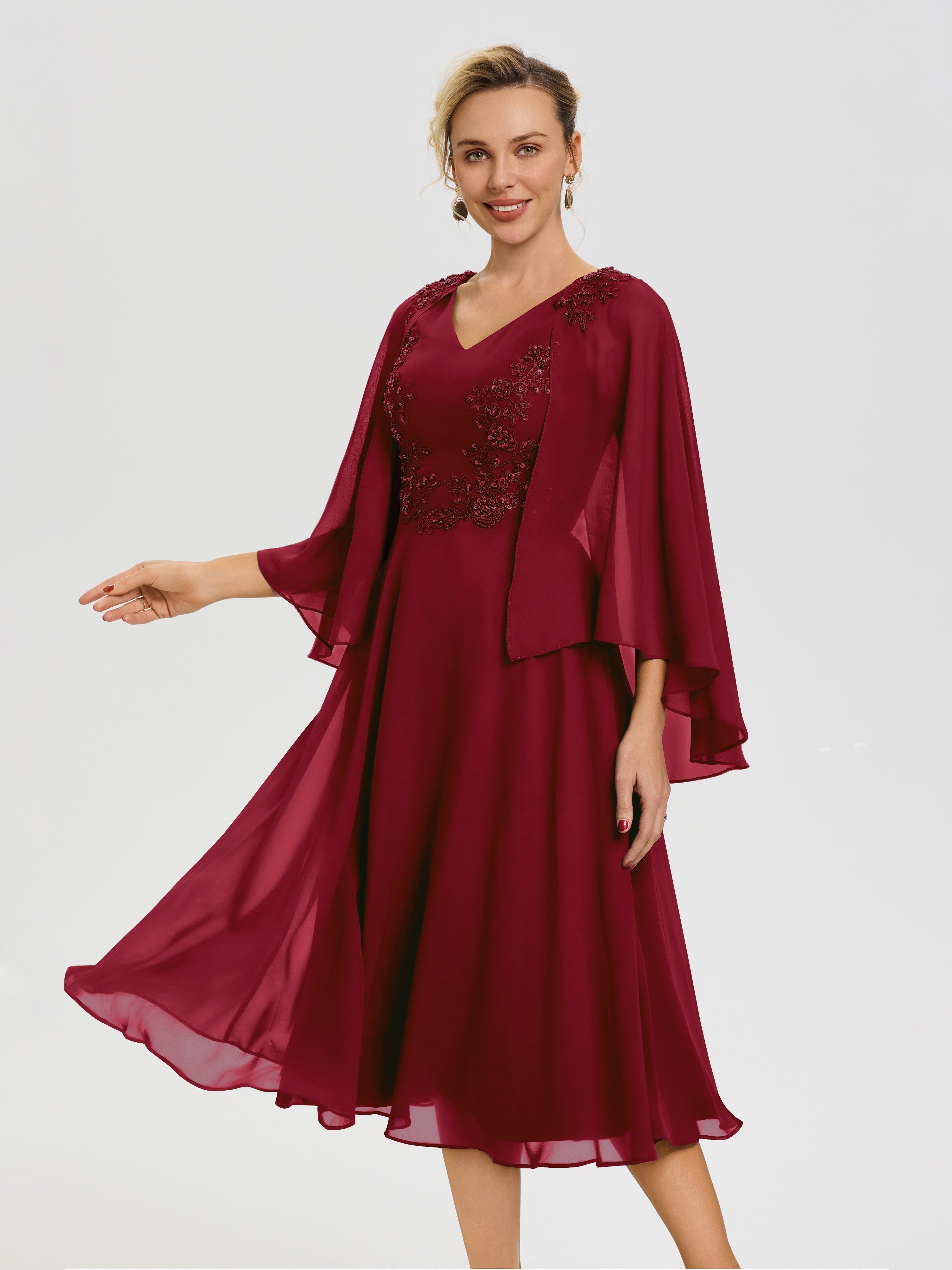 Robe Mere Mariee Bordeaux 3/4 Manches Col V Mousseline & Dentelle Robe Mère De Mariée