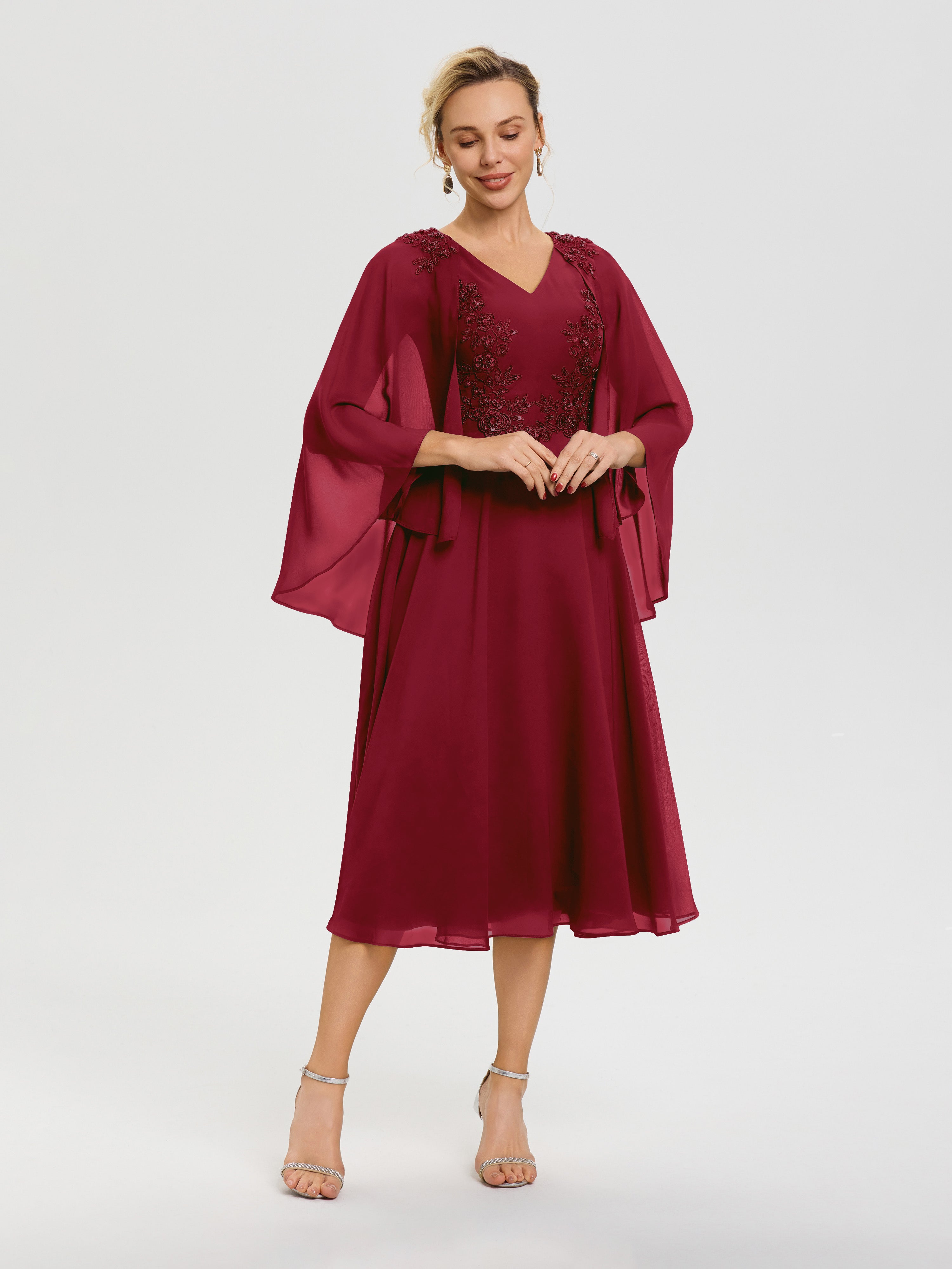 Robe Mere Mariee Bordeaux 3/4 Manches Col V Mousseline & Dentelle Robe Mère De Mariée