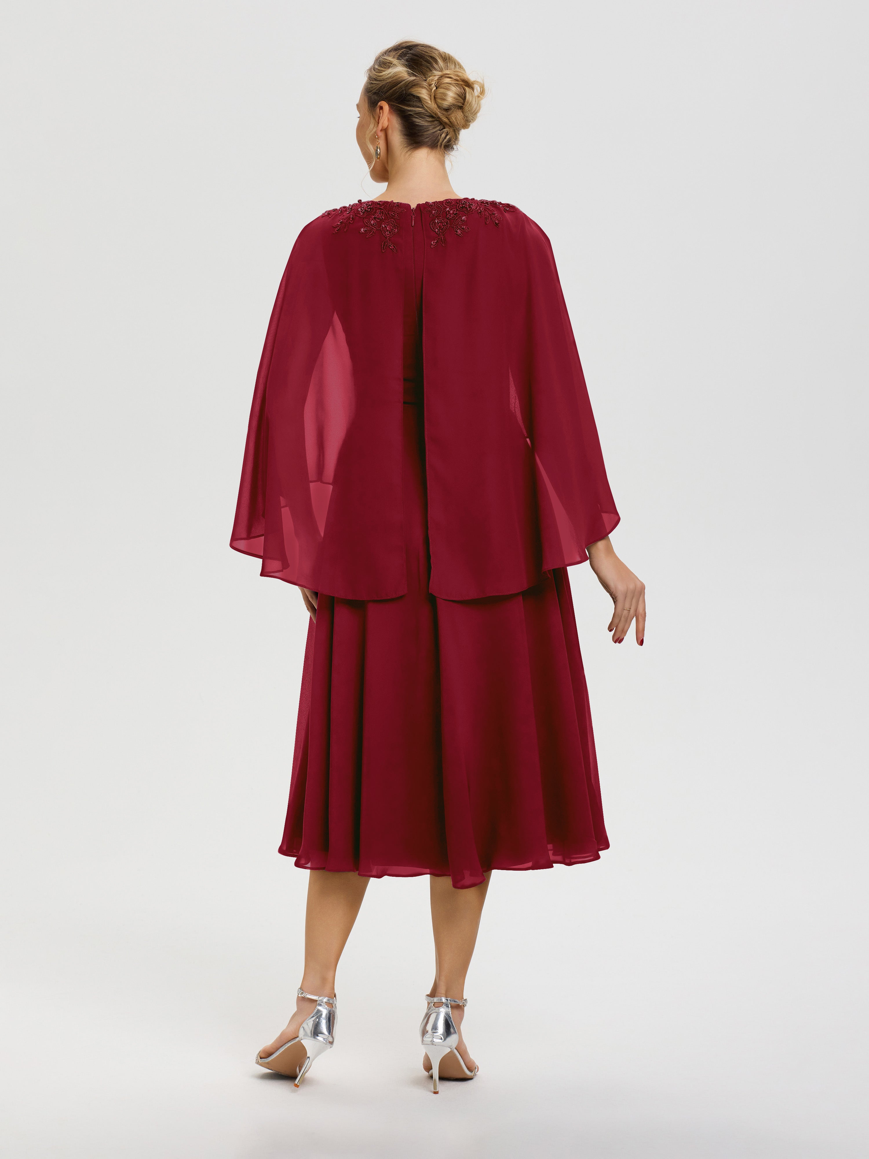 Robe Mere Mariee Bordeaux 3/4 Manches Col V Mousseline & Dentelle Robe Mère De Mariée