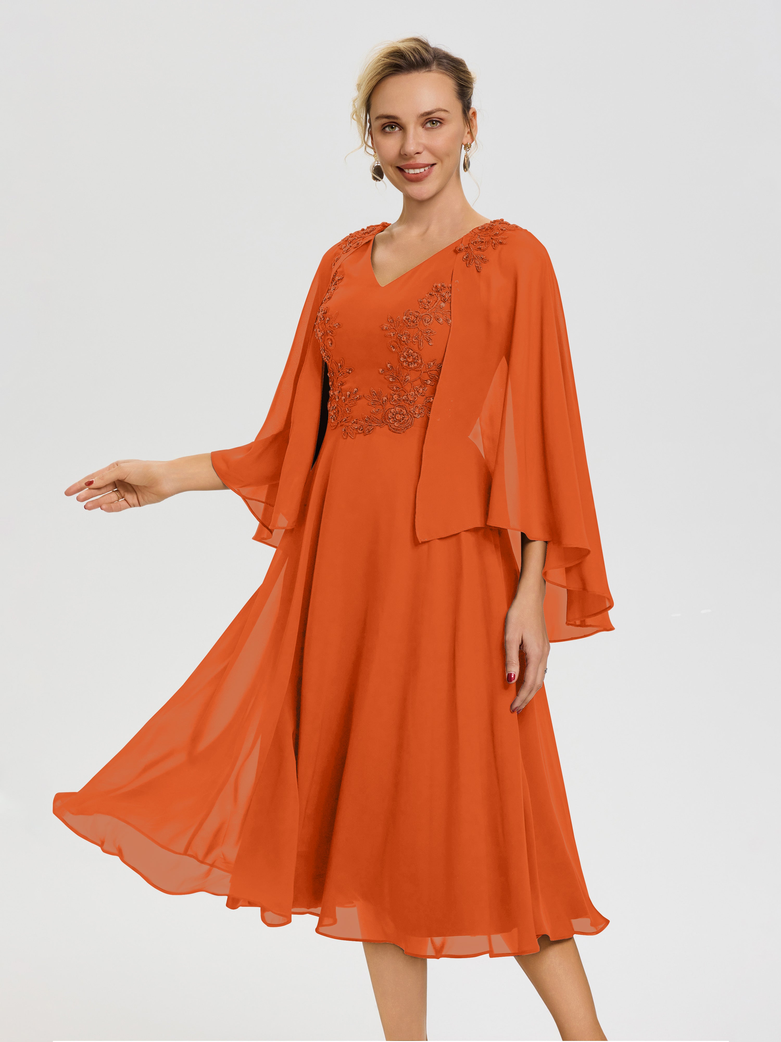 Robe Pour Mère De La Mariée Orange Brûlé 3/4 Manches Col V Mousseline & Dentelle Robe Mère De Mariée