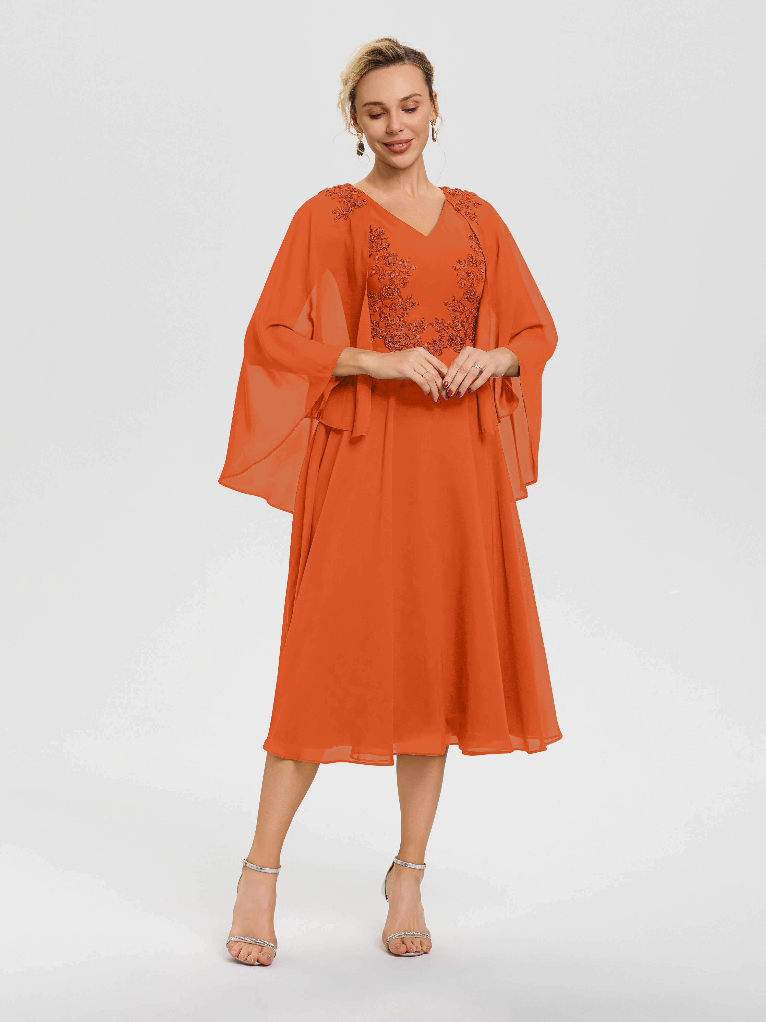 Robe Pour Mère De La Mariée Orange Brûlé 3/4 Manches Col V Mousseline & Dentelle Robe Mère De Mariée