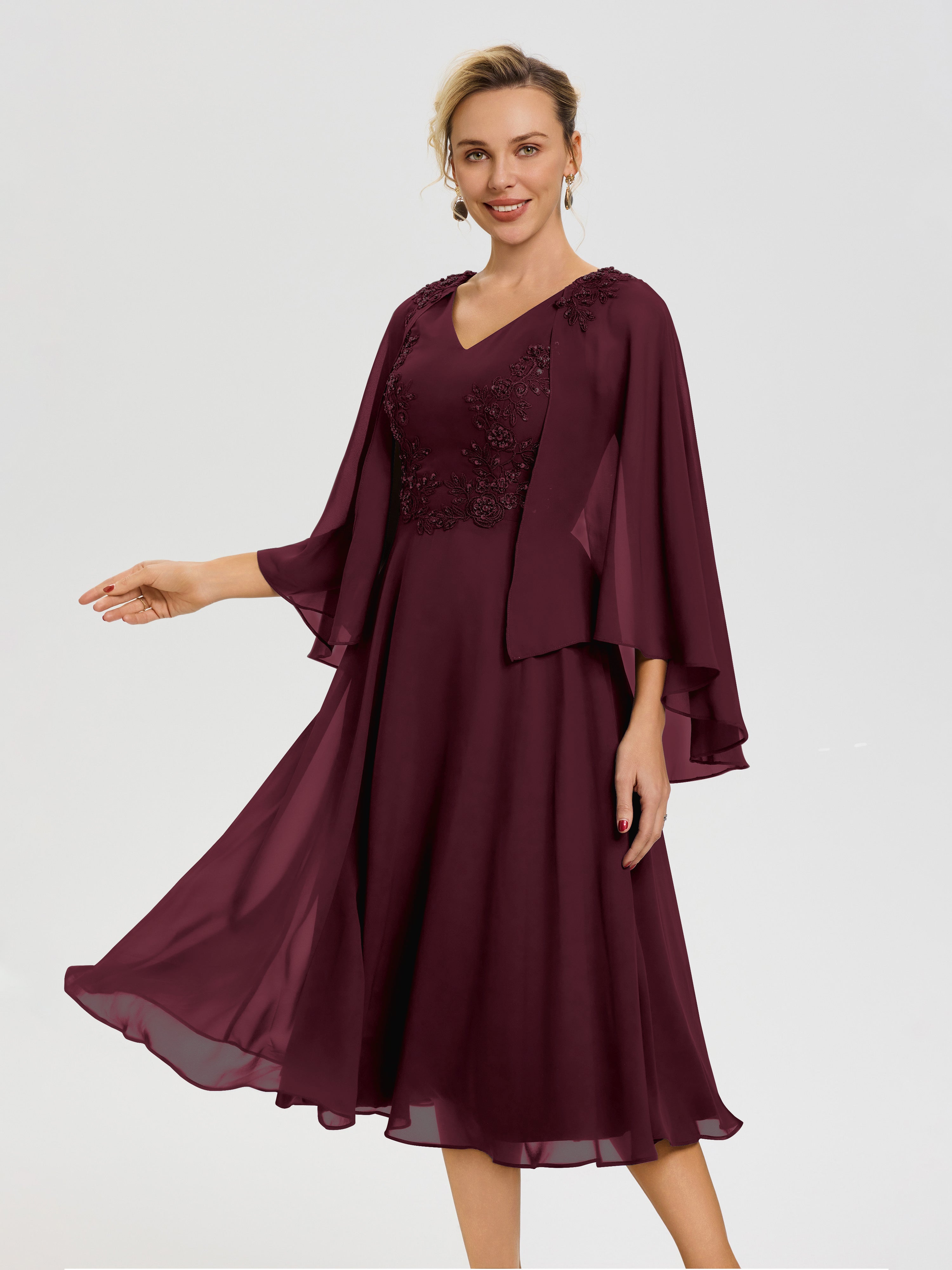 Cicinia Robe Mère De La Mariée Cabernet 3/4 Manches Col V Mousseline & Dentelle Robe Mère De Mariée