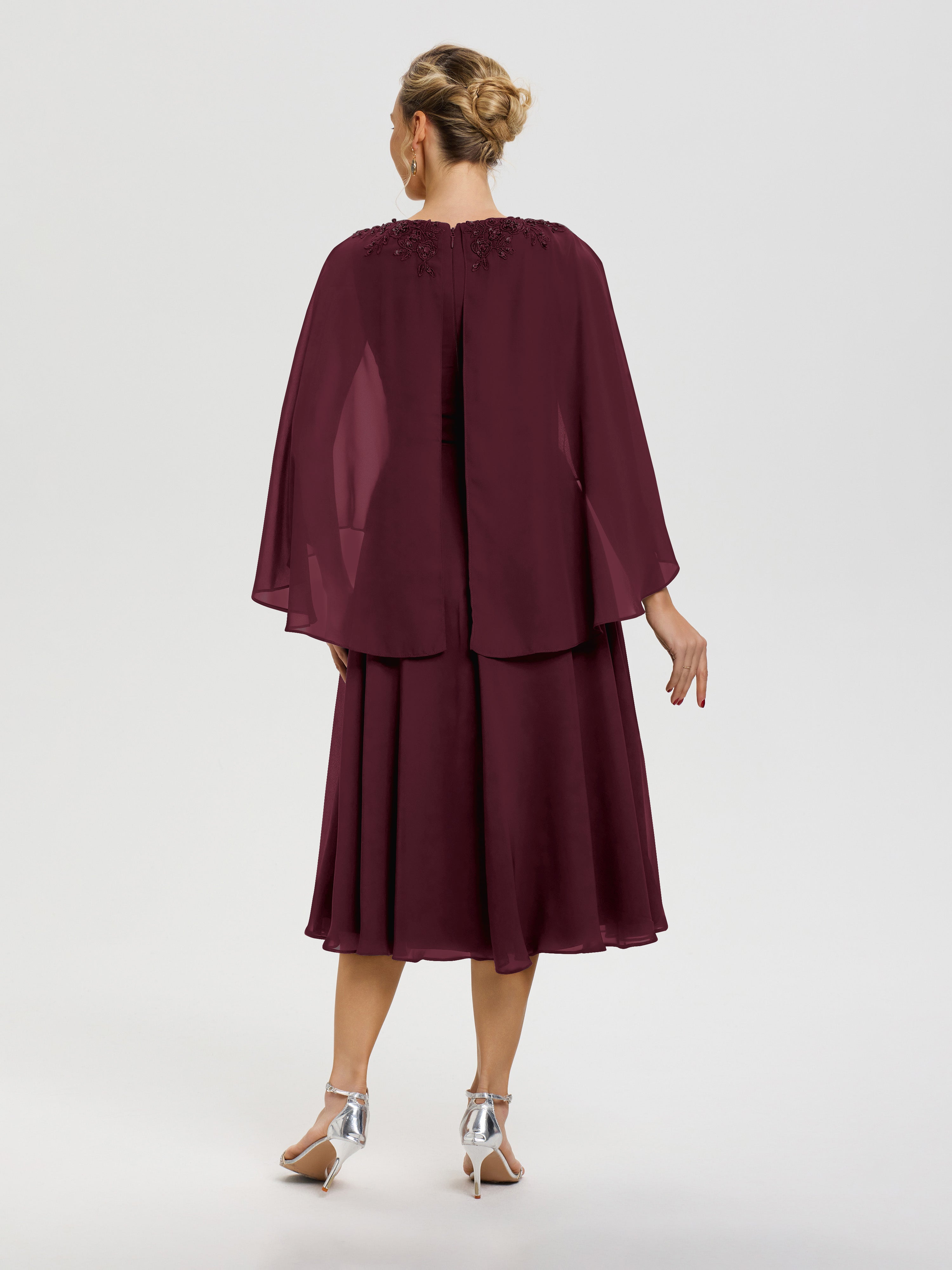 Cicinia Robe Mère De La Mariée Cabernet 3/4 Manches Col V Mousseline & Dentelle Robe Mère De Mariée