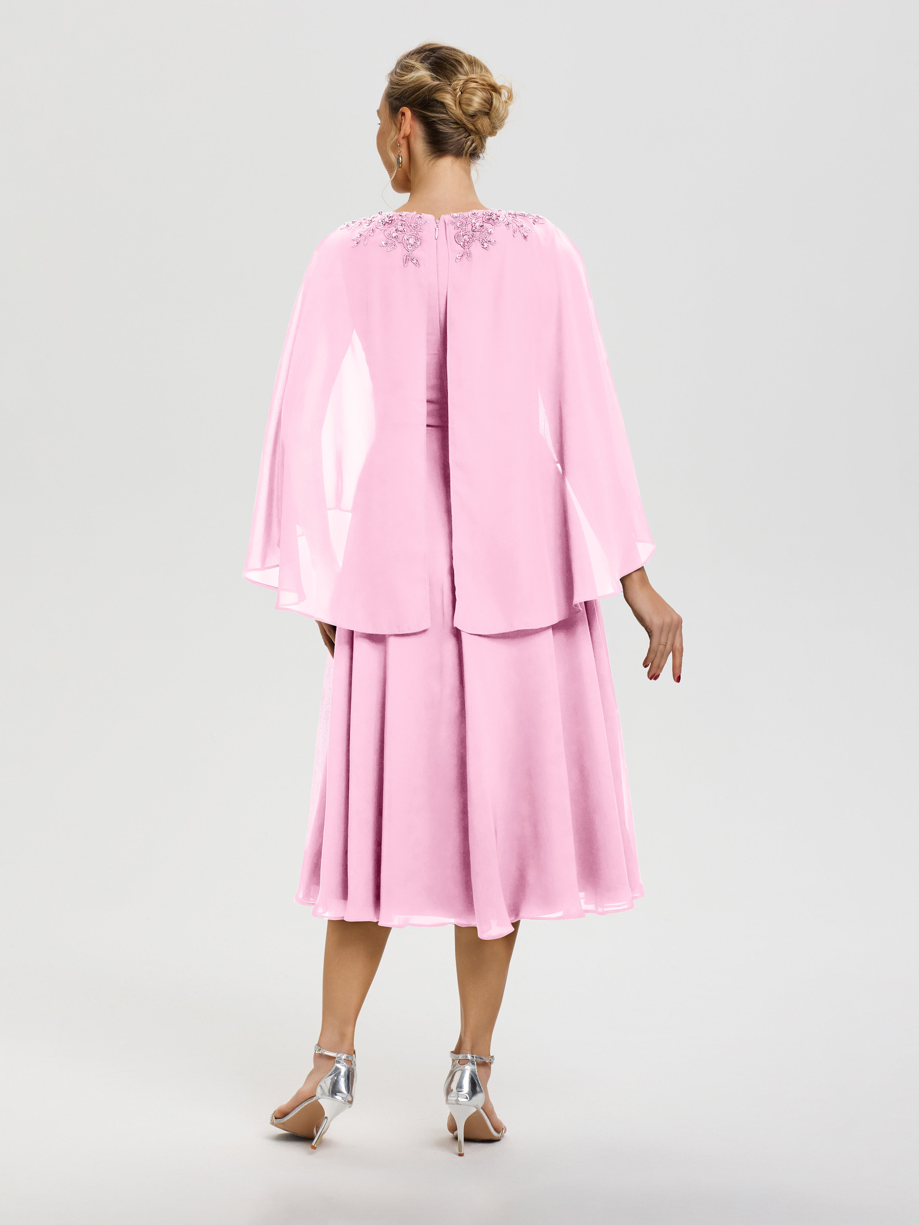 Robe De Cérémonie Mère Du Marié Rose Bonbon 3/4 Manches Col V Mousseline & Dentelle Robe Mère De Mariée