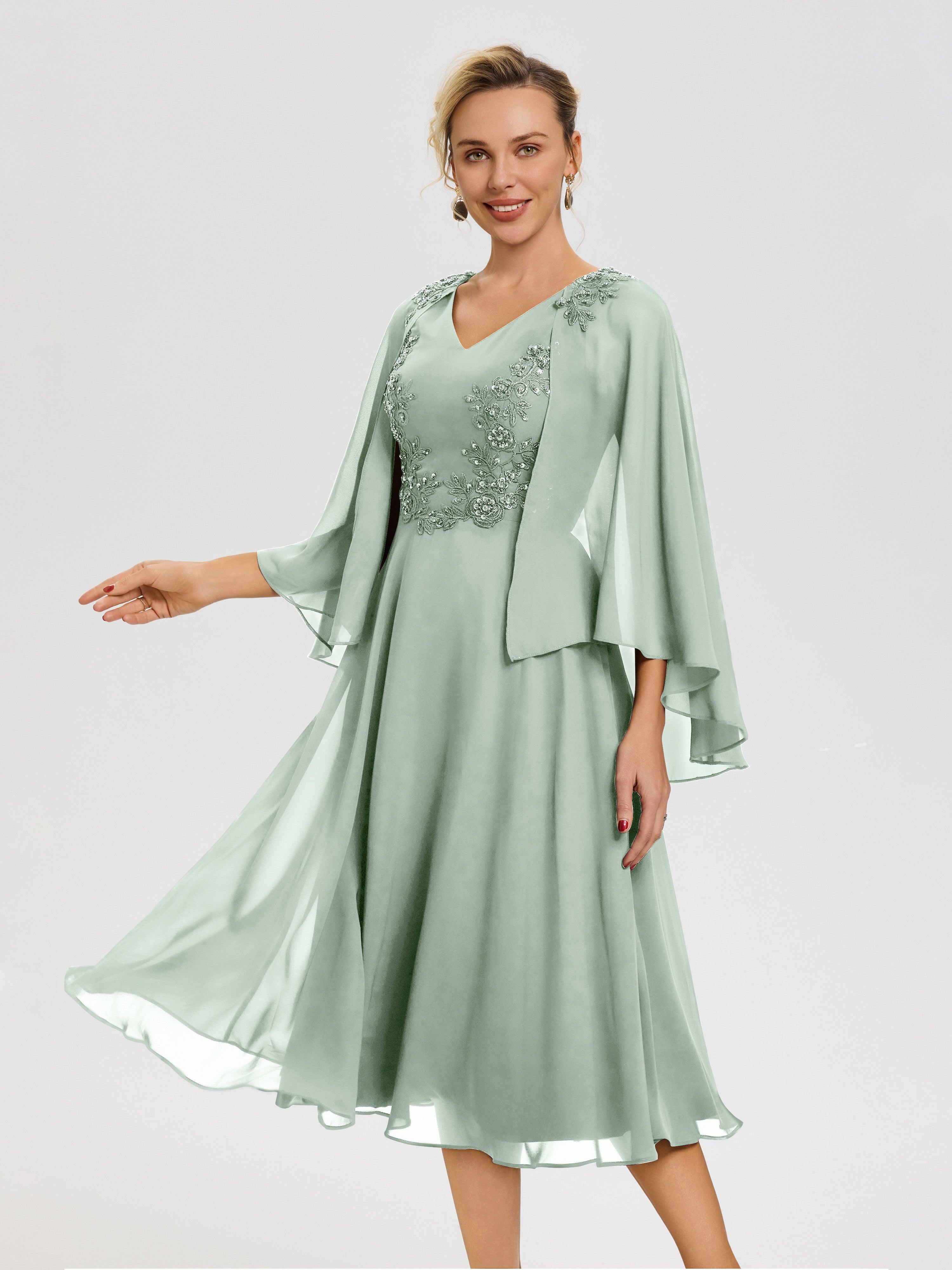 Cicinia Robe Mère De La Mariée Celadon 3/4 Manches Col V Mousseline & Dentelle Robe Mère De Mariée