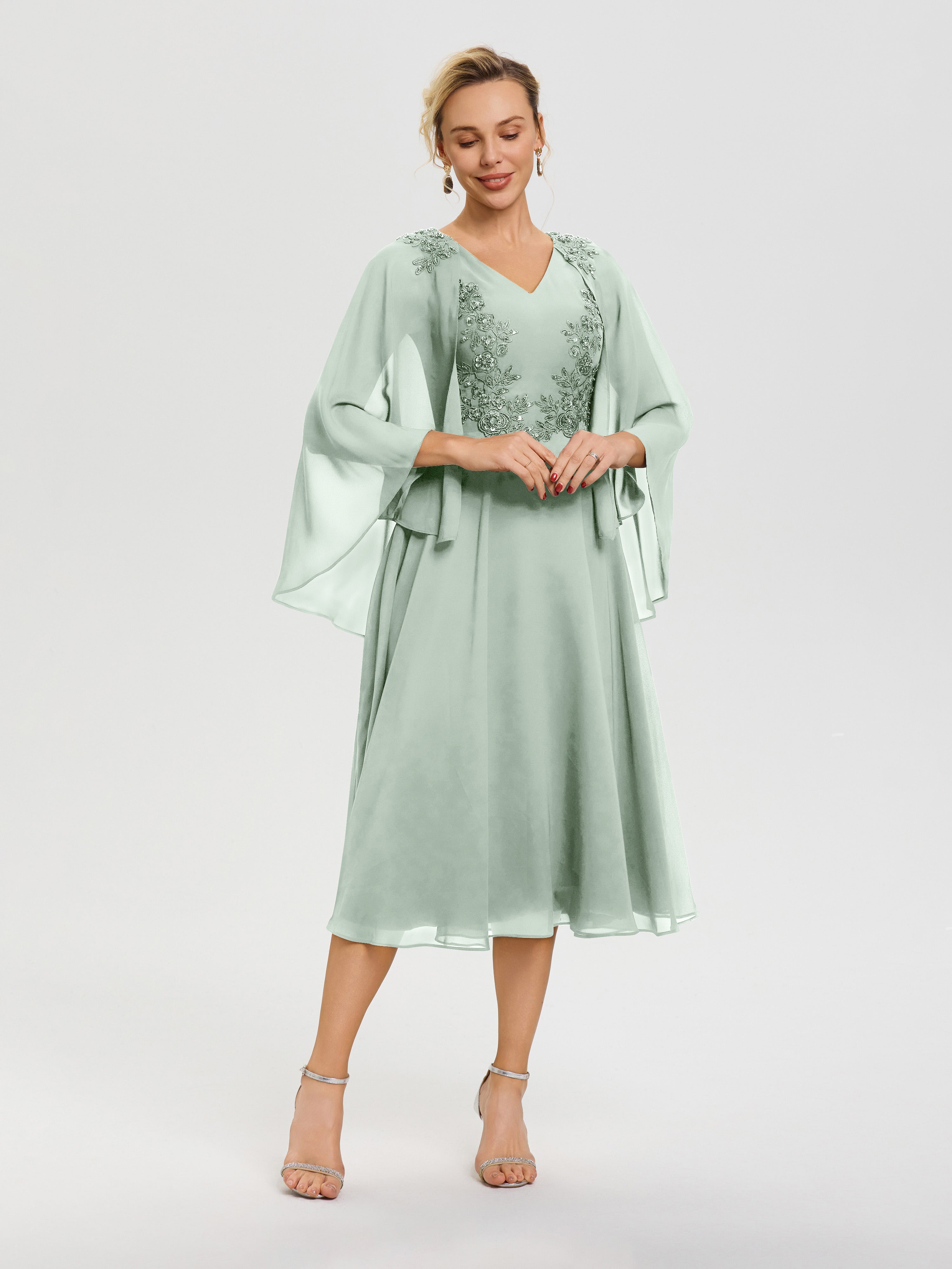 Cicinia Robe Mère De La Mariée Celadon 3/4 Manches Col V Mousseline & Dentelle Robe Mère De Mariée