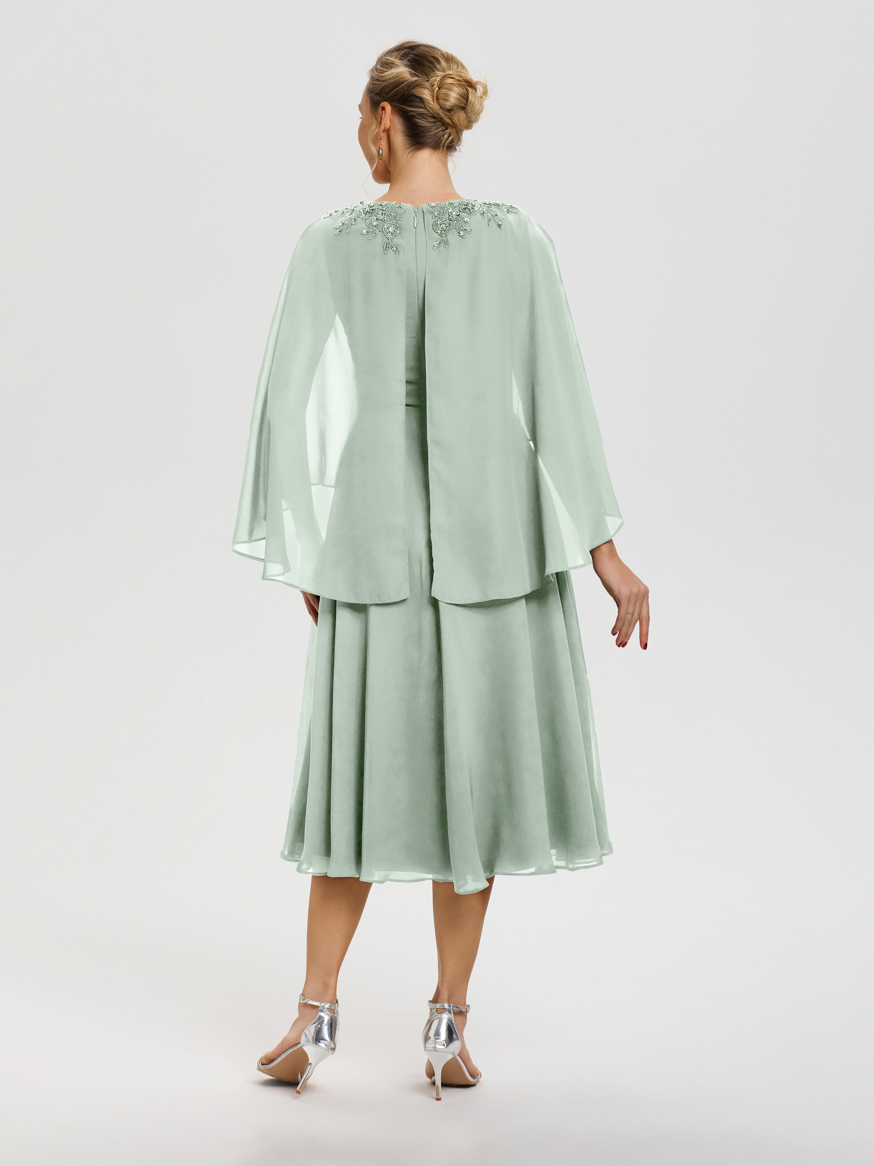 Cicinia Robe Mère De La Mariée Celadon 3/4 Manches Col V Mousseline & Dentelle Robe Mère De Mariée