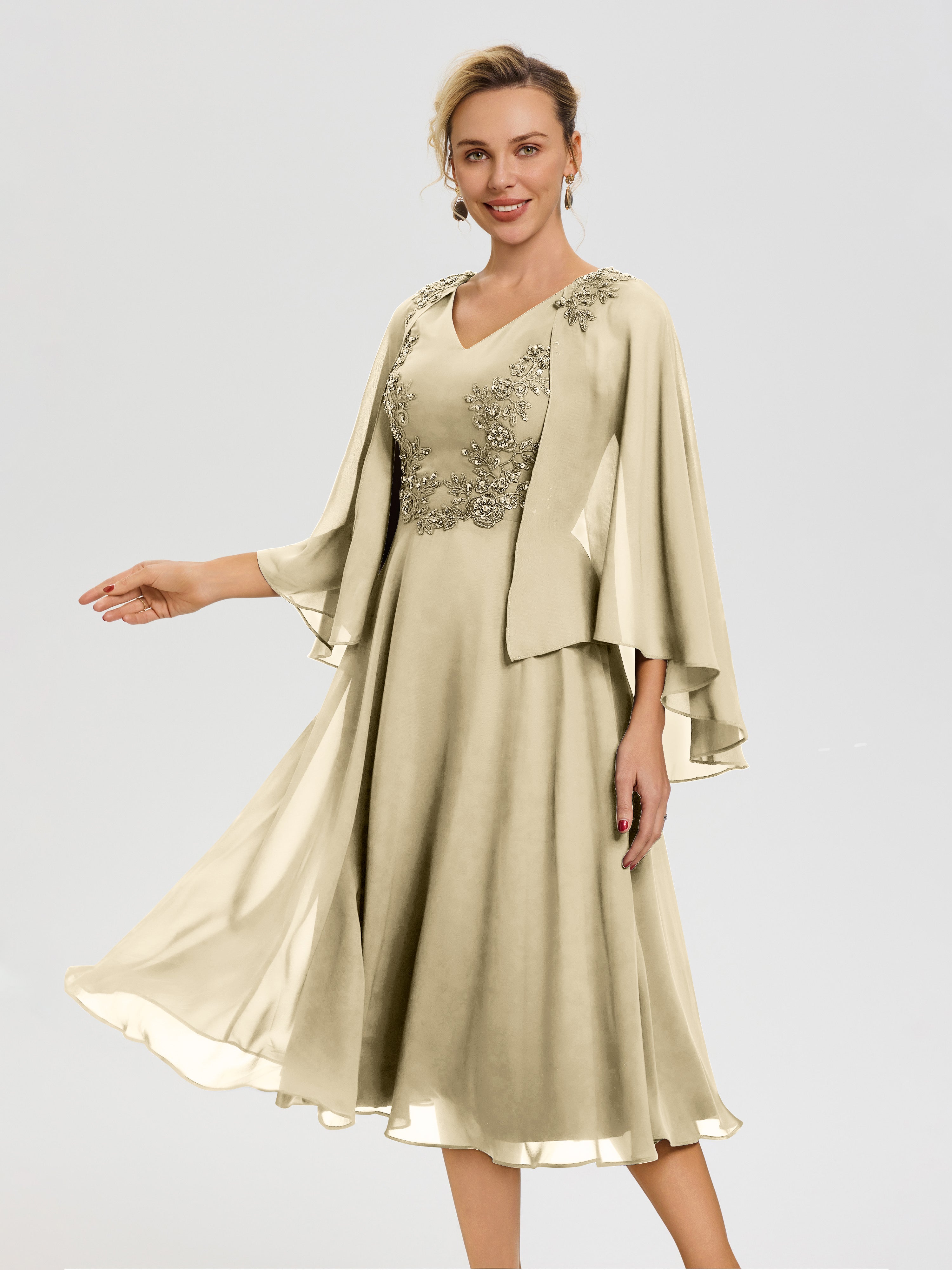 Robe Mere De La Mariee Champagne 3/4 Manches Col V Mousseline & Dentelle Robe Mère De Mariée
