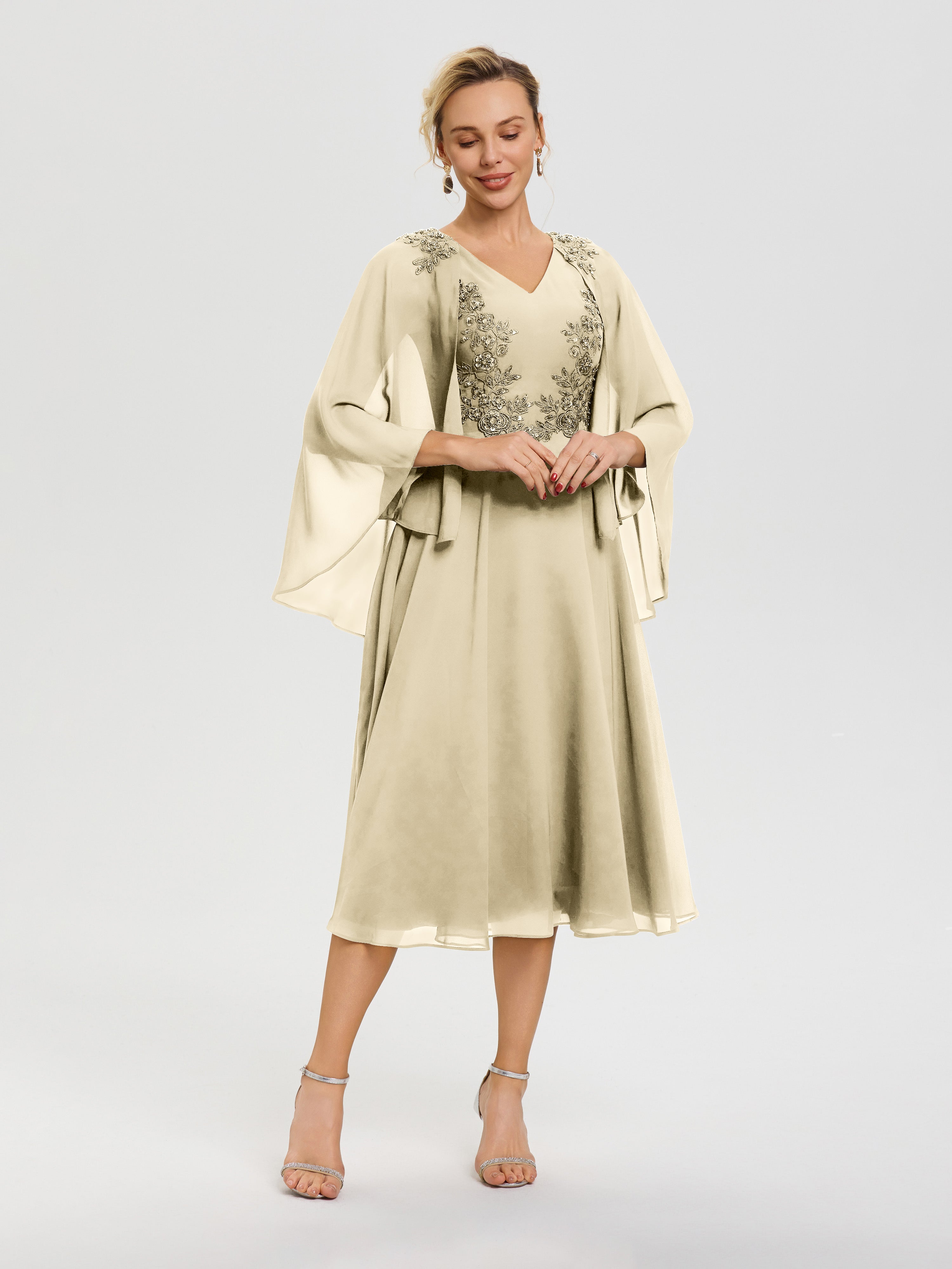 Robe Mere De La Mariee Champagne 3/4 Manches Col V Mousseline & Dentelle Robe Mère De Mariée