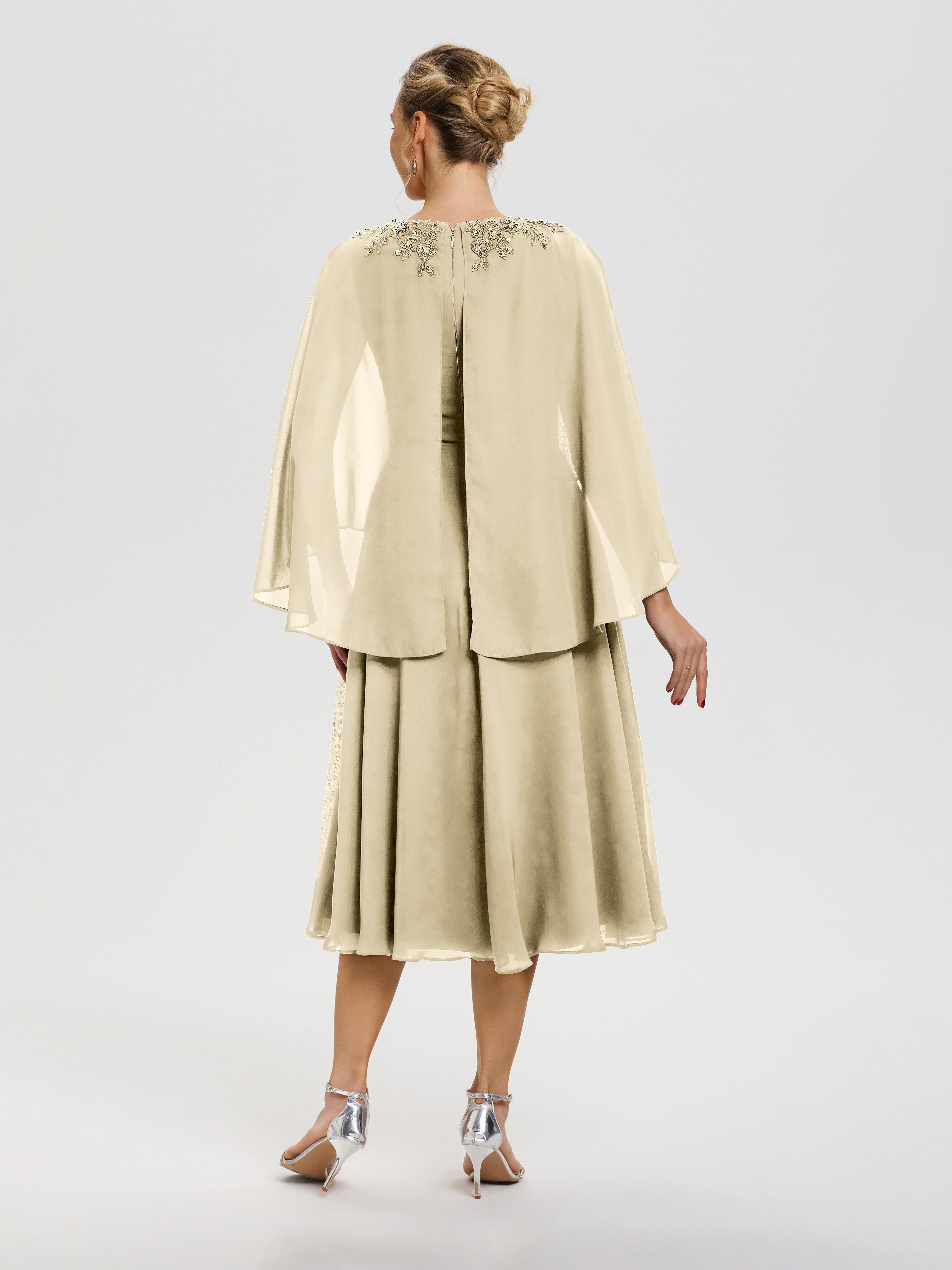 Robe Mere De La Mariee Champagne 3/4 Manches Col V Mousseline & Dentelle Robe Mère De Mariée