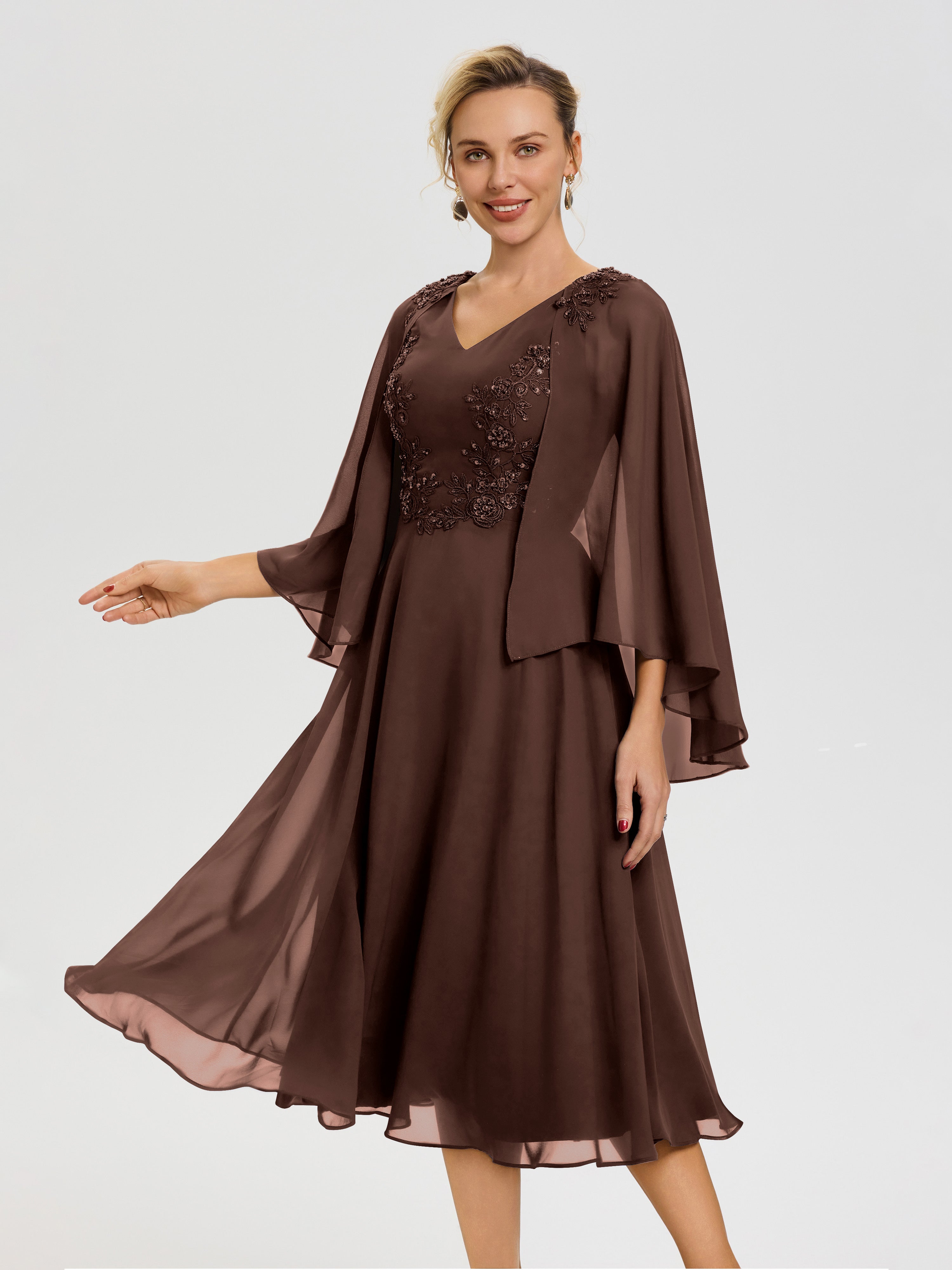 Robe Mère De La Mariée Moderne Chocolat 3/4 Manches Col V Mousseline & Dentelle Robe Mère De Mariée