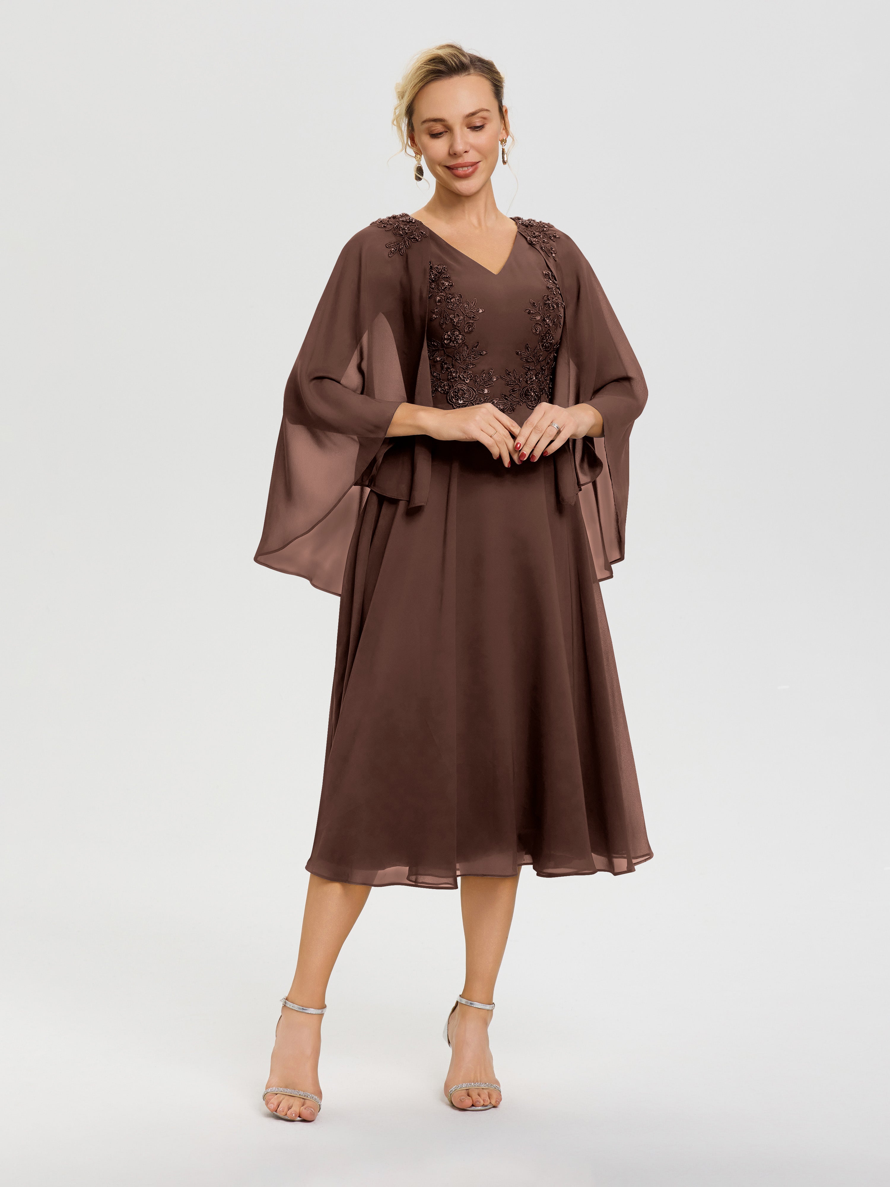 Robe Mère De La Mariée Moderne Chocolat 3/4 Manches Col V Mousseline & Dentelle Robe Mère De Mariée