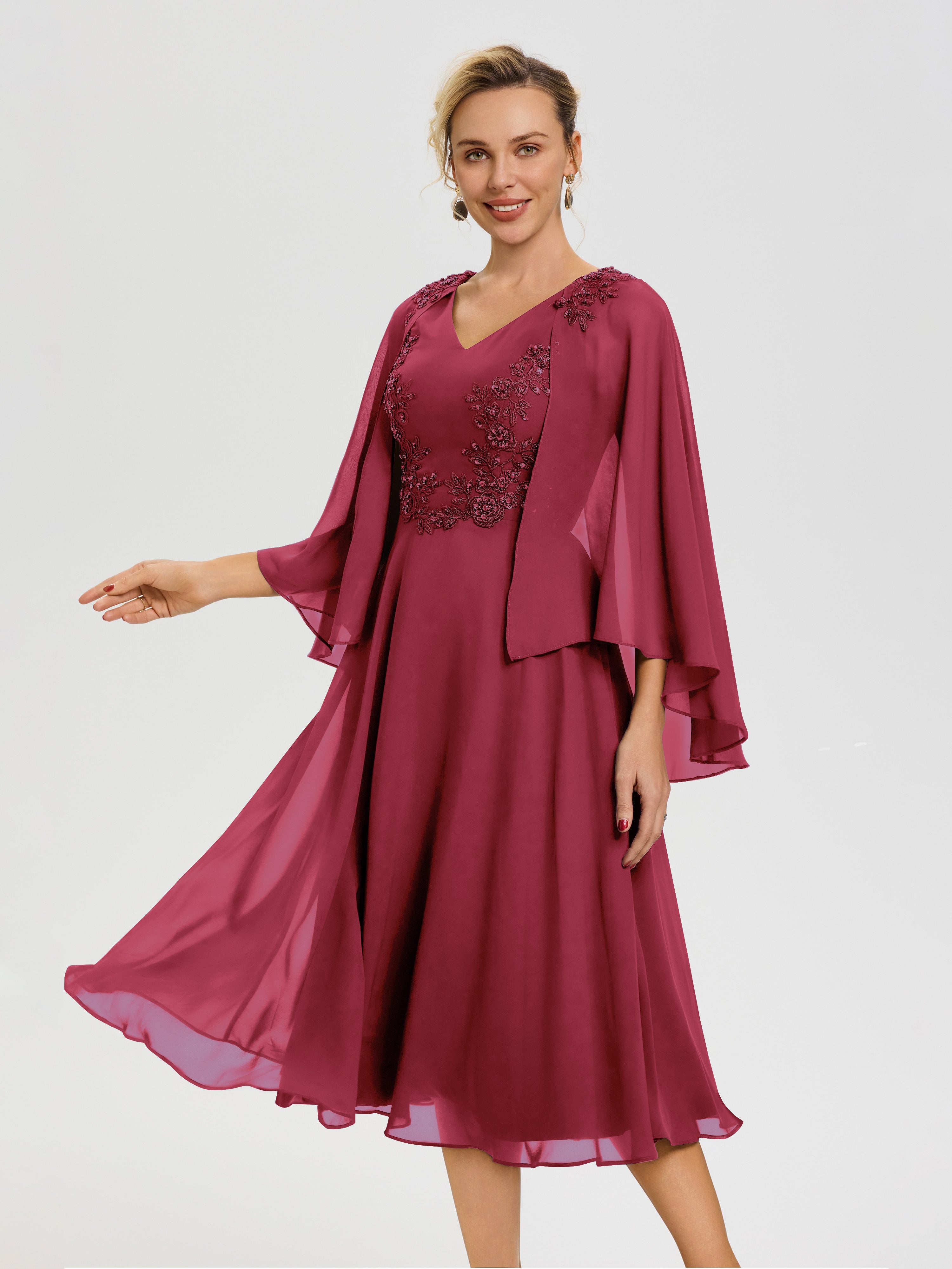 Robe De Cérémonie Mère De La Mariée Rose Cannelle 3/4 Manches Col V Mousseline & Dentelle Robe Mère De Mariée