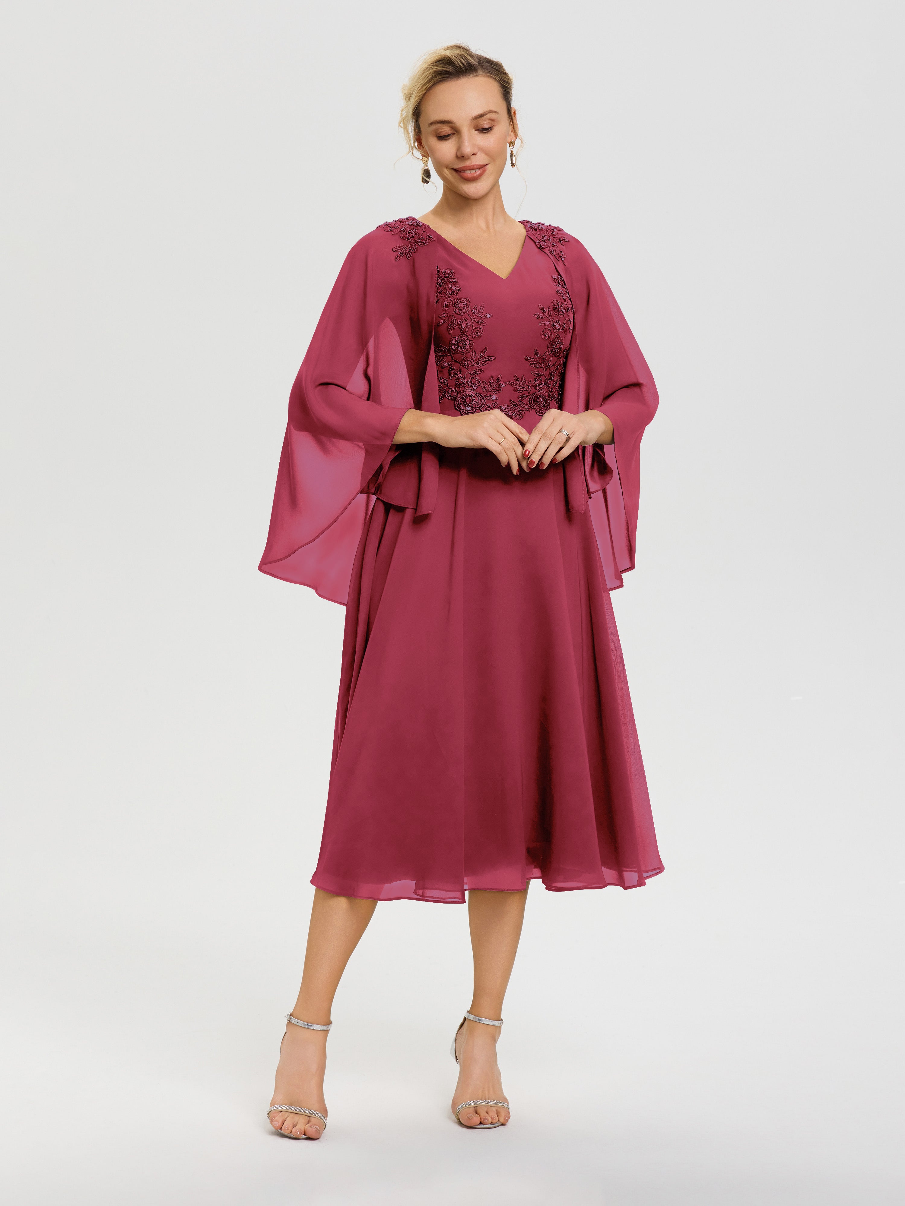 Robe De Cérémonie Mère De La Mariée Rose Cannelle 3/4 Manches Col V Mousseline & Dentelle Robe Mère De Mariée