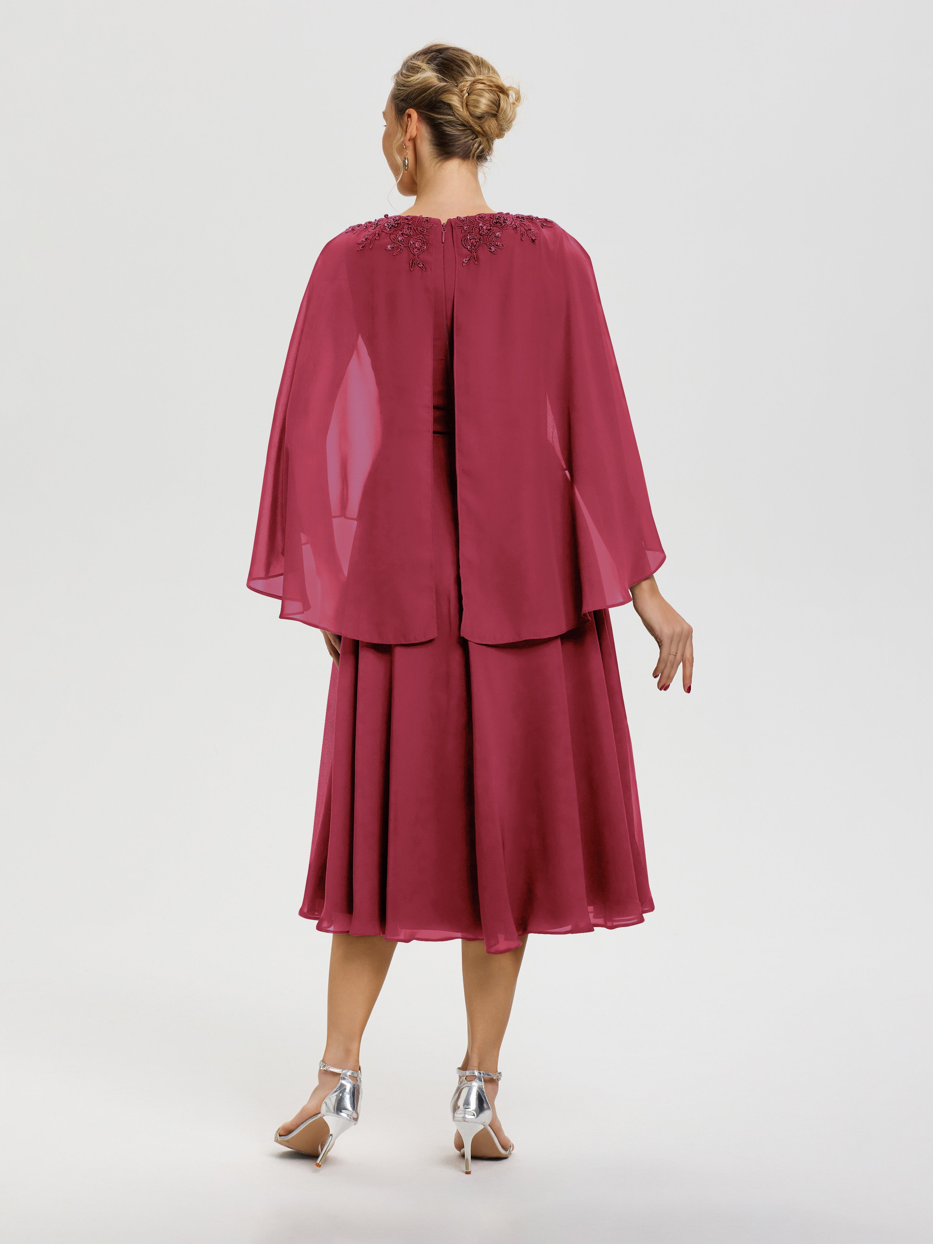 Robe De Cérémonie Mère De La Mariée Rose Cannelle 3/4 Manches Col V Mousseline & Dentelle Robe Mère De Mariée