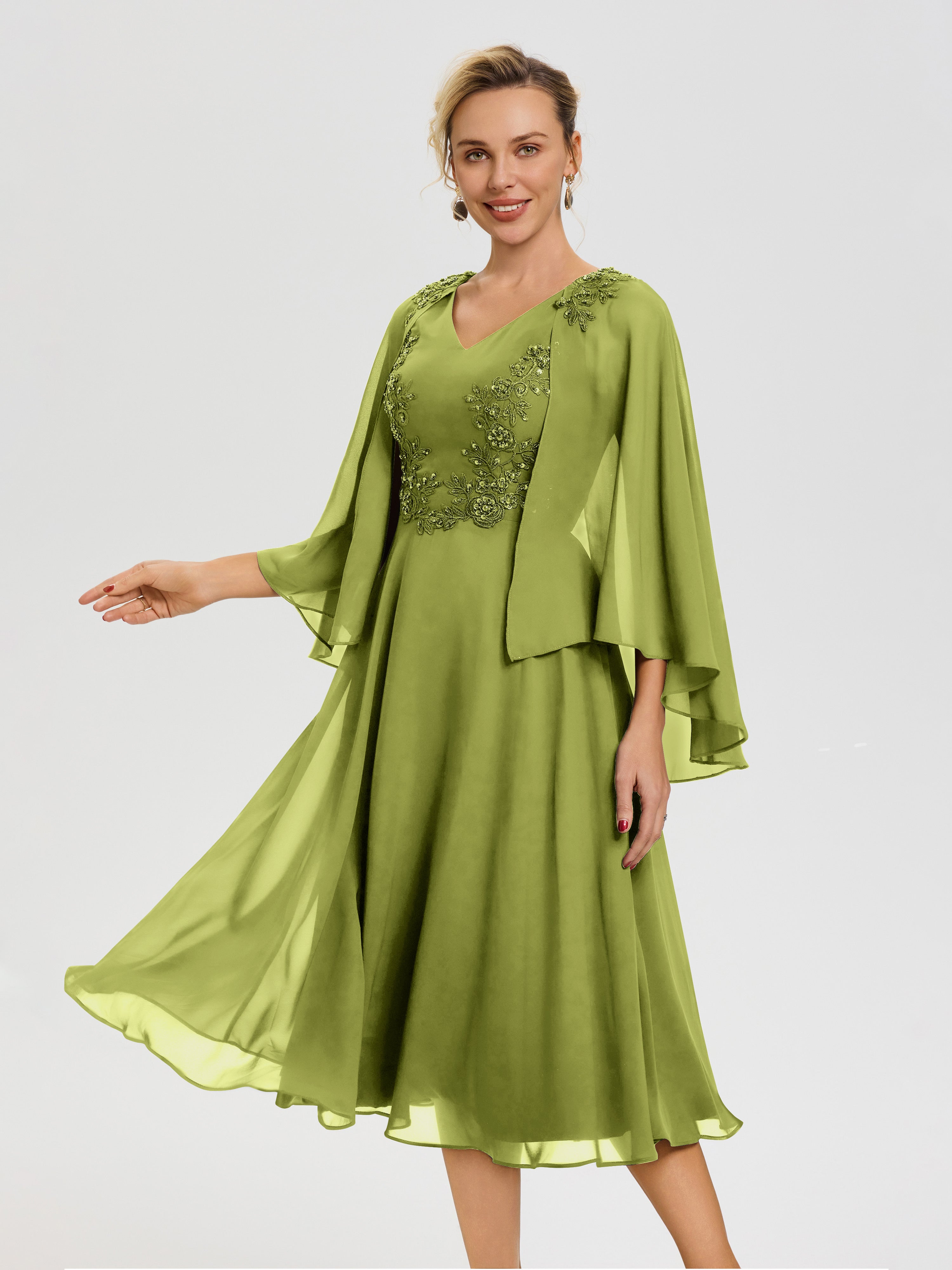 Robe De Mère De Mariée Moderne Trèfle 3/4 Manches Col V Mousseline & Dentelle Robe Mère De Mariée