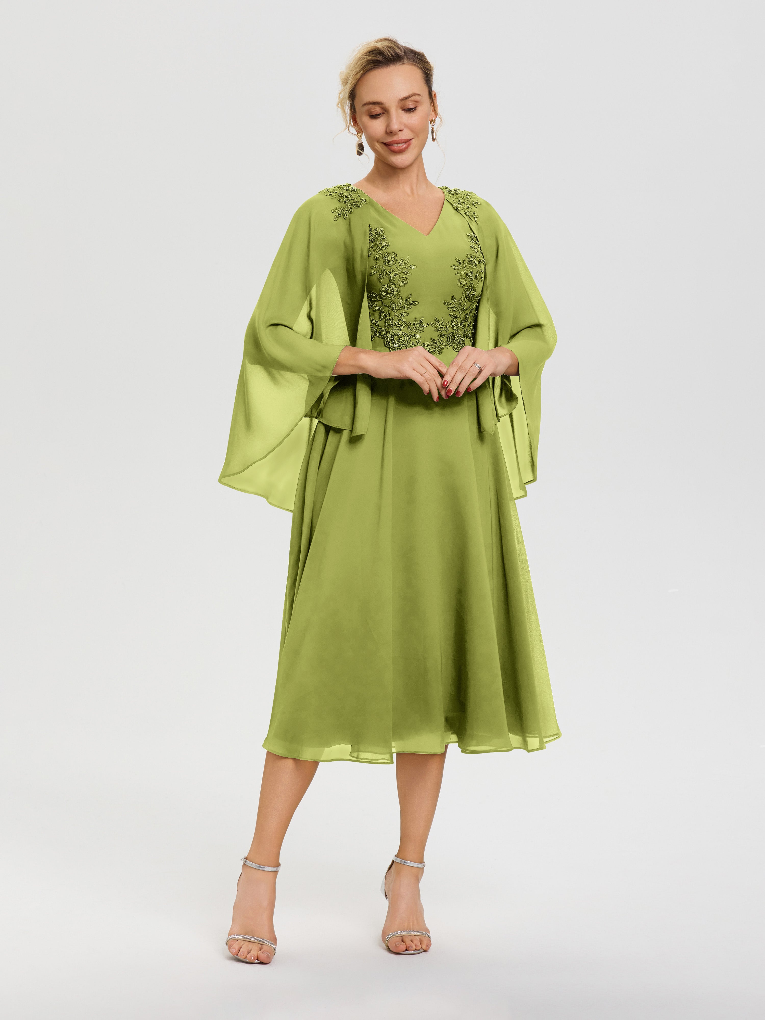 Robe De Mère De Mariée Moderne Trèfle 3/4 Manches Col V Mousseline & Dentelle Robe Mère De Mariée