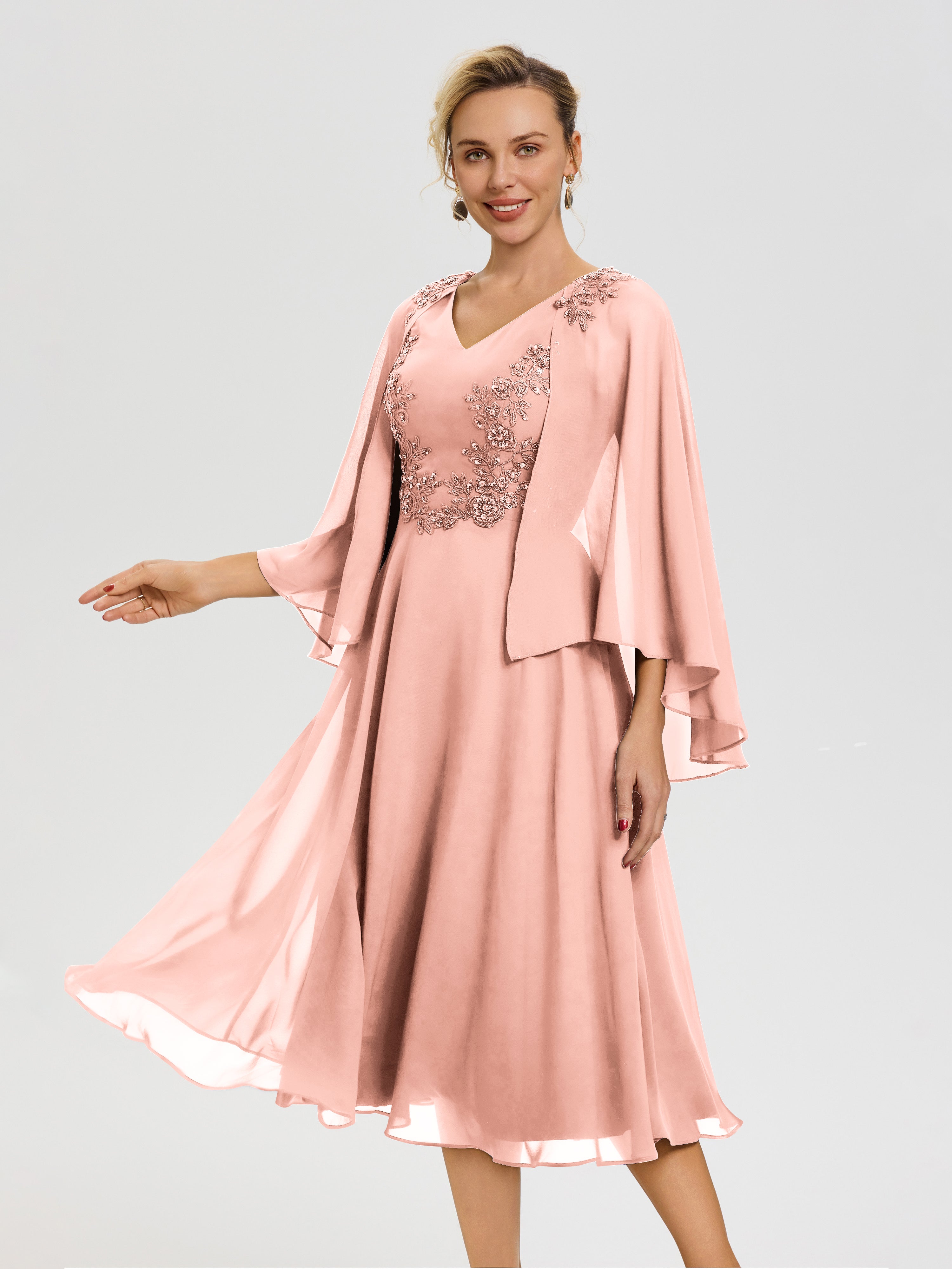 Robe Mère Du Marié Corail 3/4 Manches Col V Mousseline & Dentelle Robe Mère De Mariée
