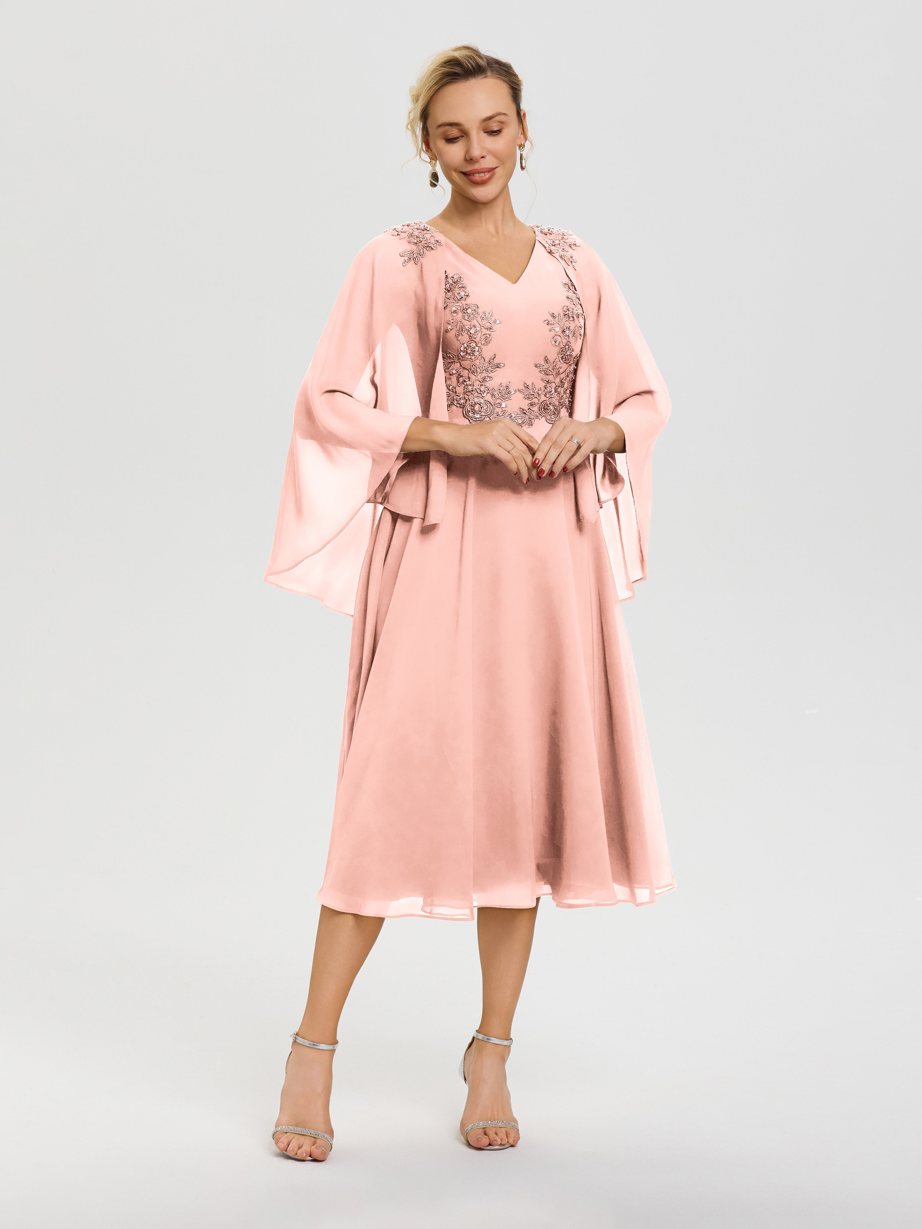 Robe Mère Du Marié Corail 3/4 Manches Col V Mousseline & Dentelle Robe Mère De Mariée