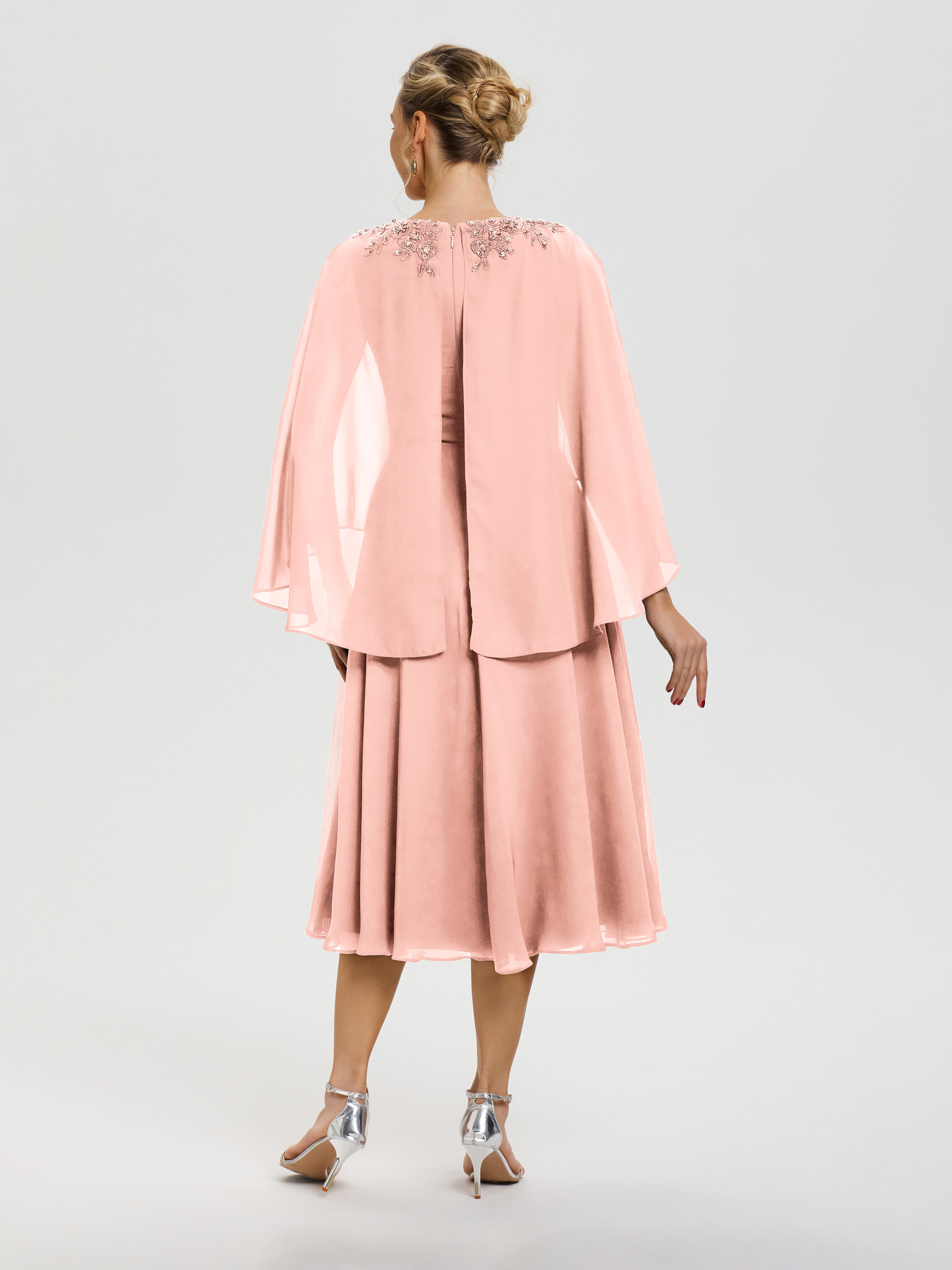 Robe Mère Du Marié Corail 3/4 Manches Col V Mousseline & Dentelle Robe Mère De Mariée