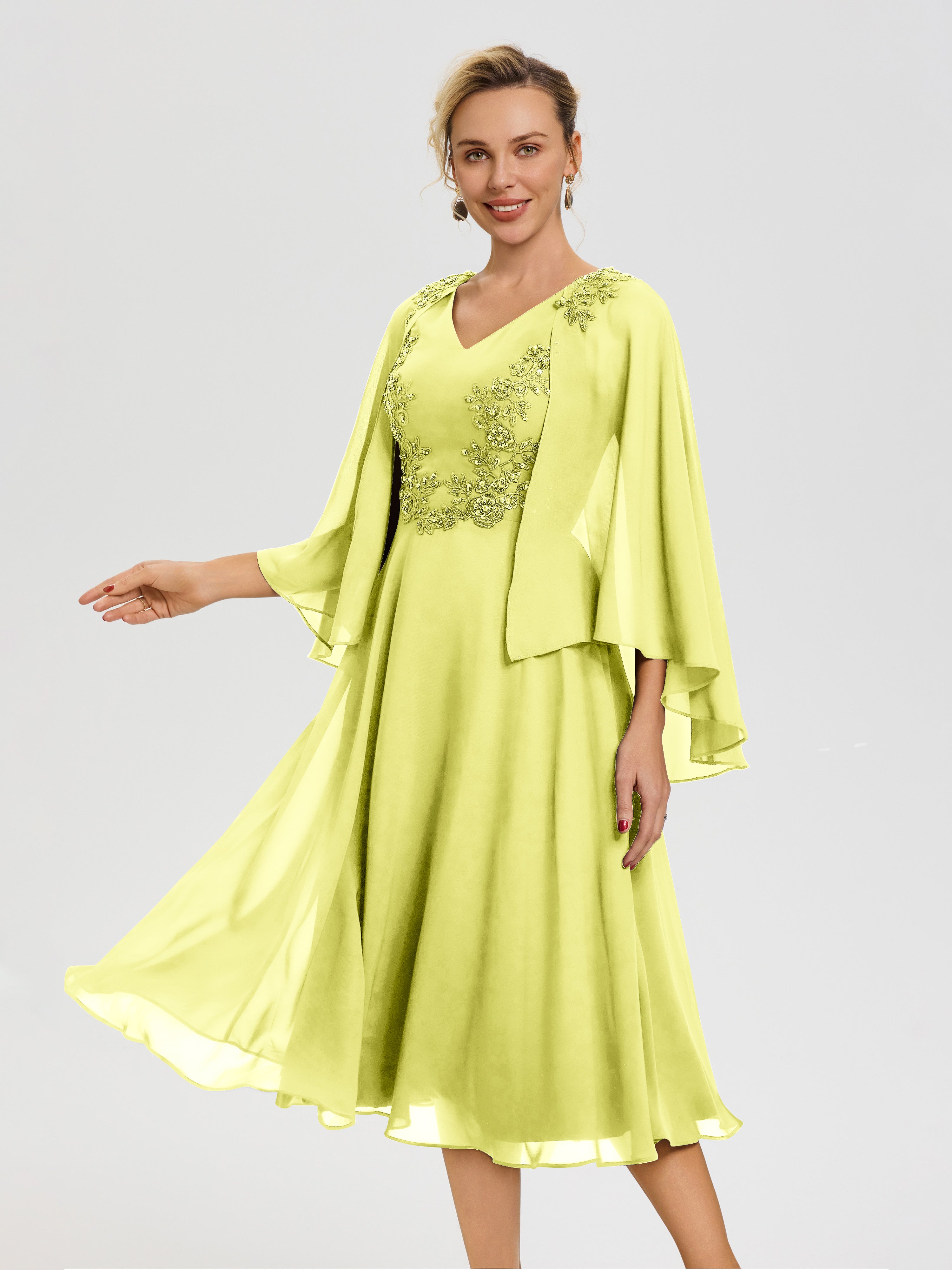 Robe Mère De Mariée Jonquille 3/4 Manches Col V Mousseline & Dentelle Robe Mère De Mariée